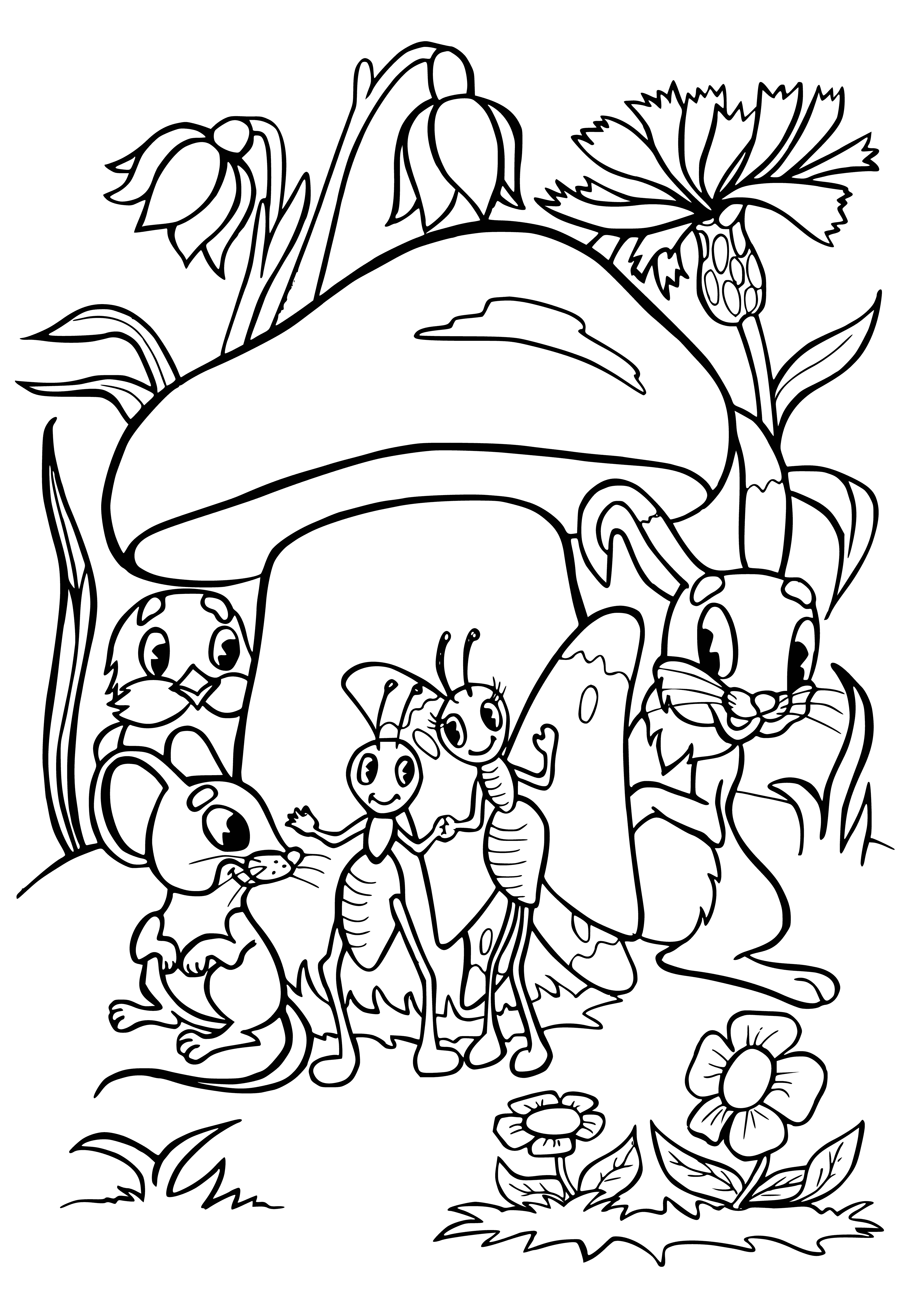 coloring page: In a crowded scene, a large mushroom w/ a human face is surrounded by small creatures trying to find a spot on it.