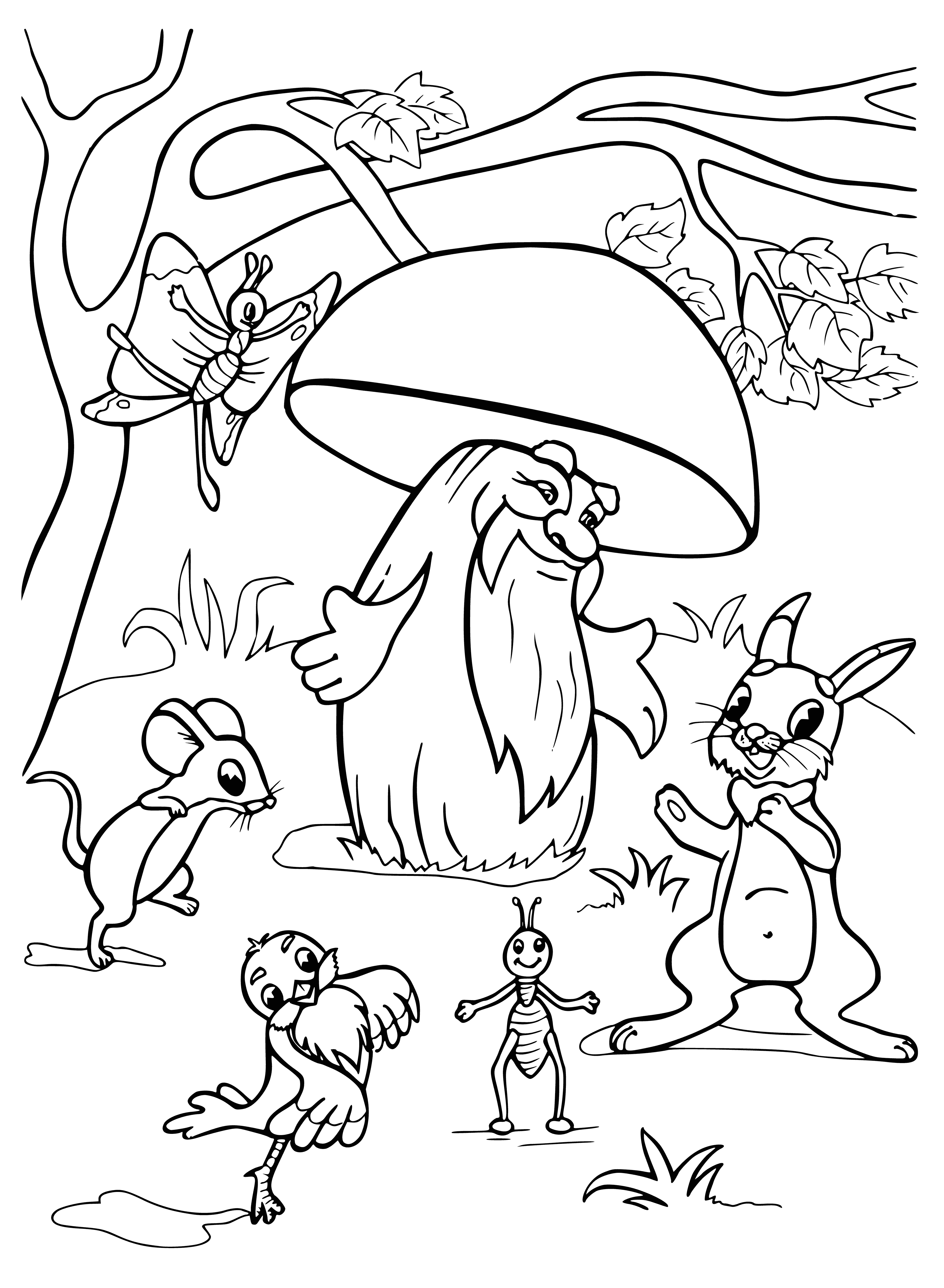 coloring page: Children playing, laughing, dancing & having fun under a big mushroom - a scene of happiness & joy!