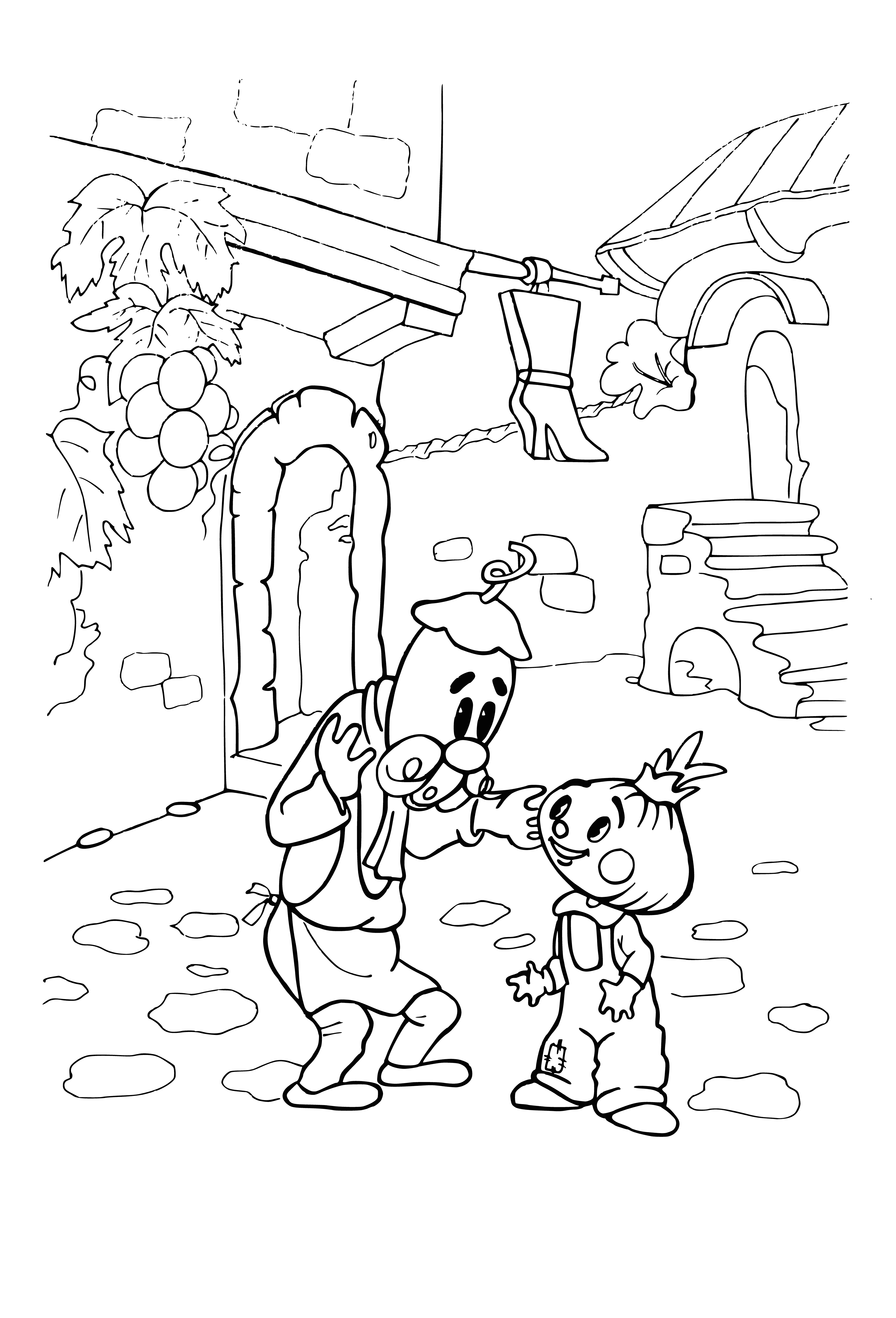 coloring page: Cartoon figure of man wearing red & white stripes, brown mustache & hat, standing on stool, working on large machine, piles of shoes on floor.