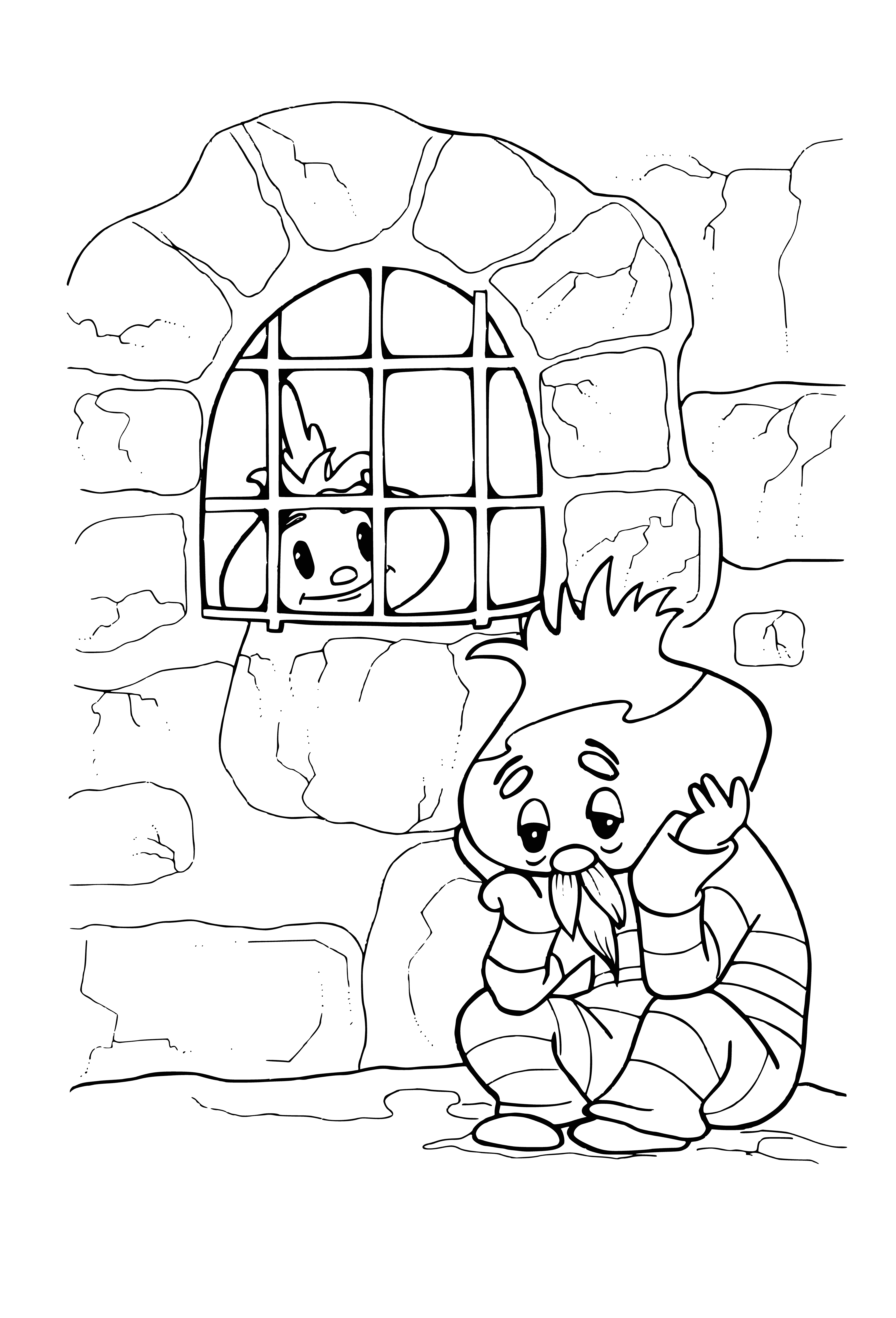 coloring page: Cipollino, a young boy w/ large head & eyes, sparse hair & large nose. Wearing striped shirt & trousers, he sits on a rock next to a tomato plant.