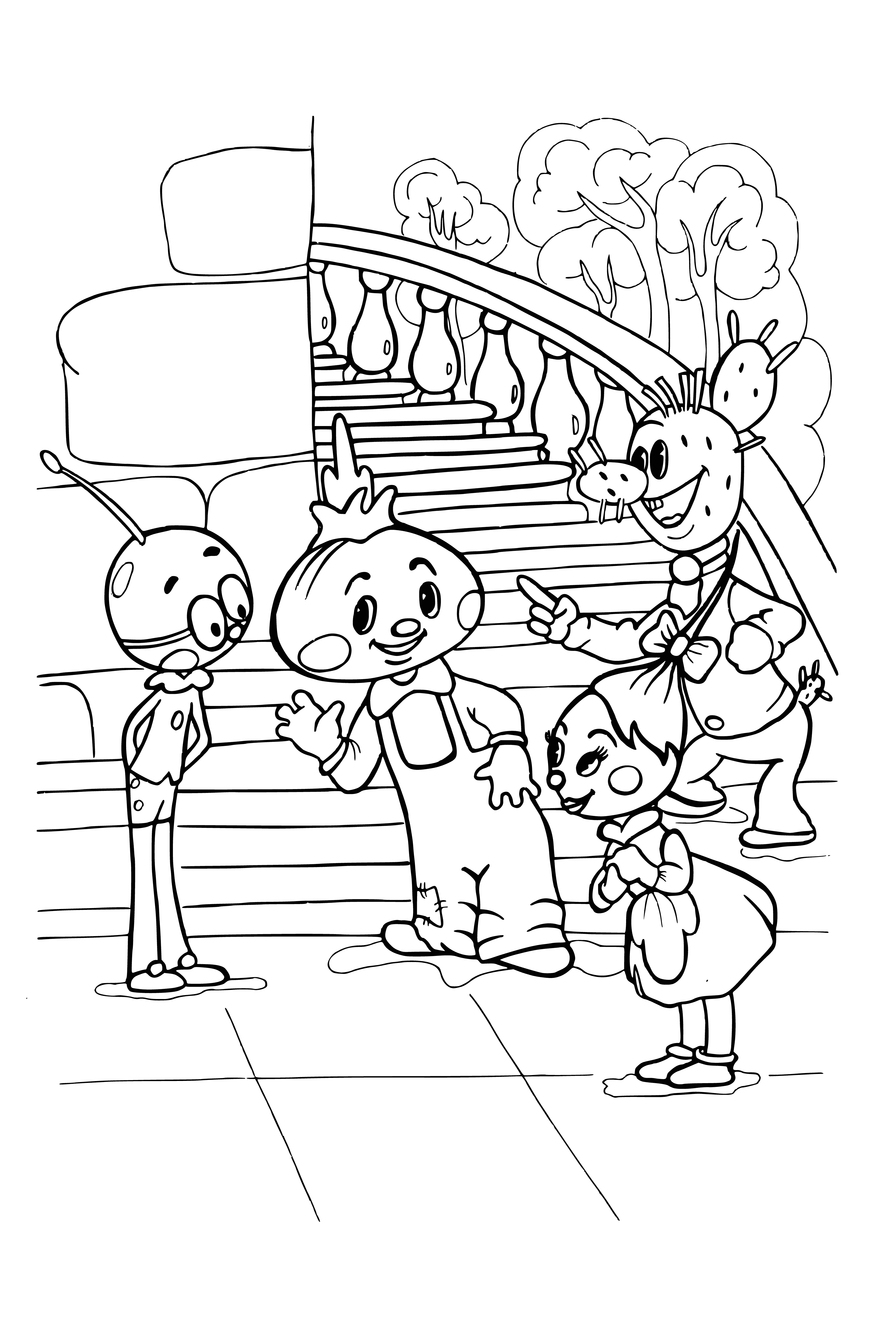 coloring page: Cipollino makes new friends in the woods: animals laughing around a campfire, bringing joy and laughter to him.