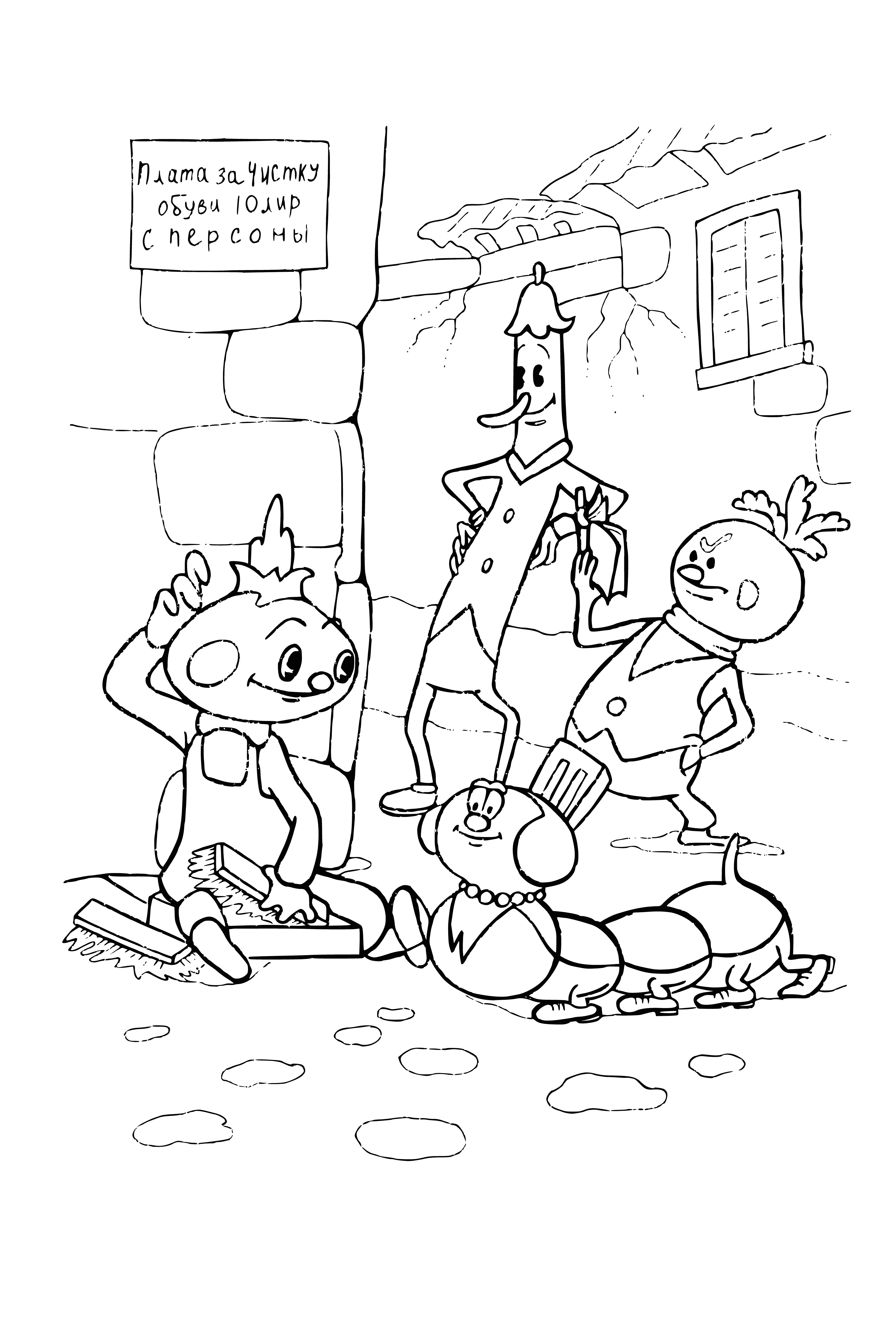 coloring page: Drawing with Cipollino characters and shoe cleaner
