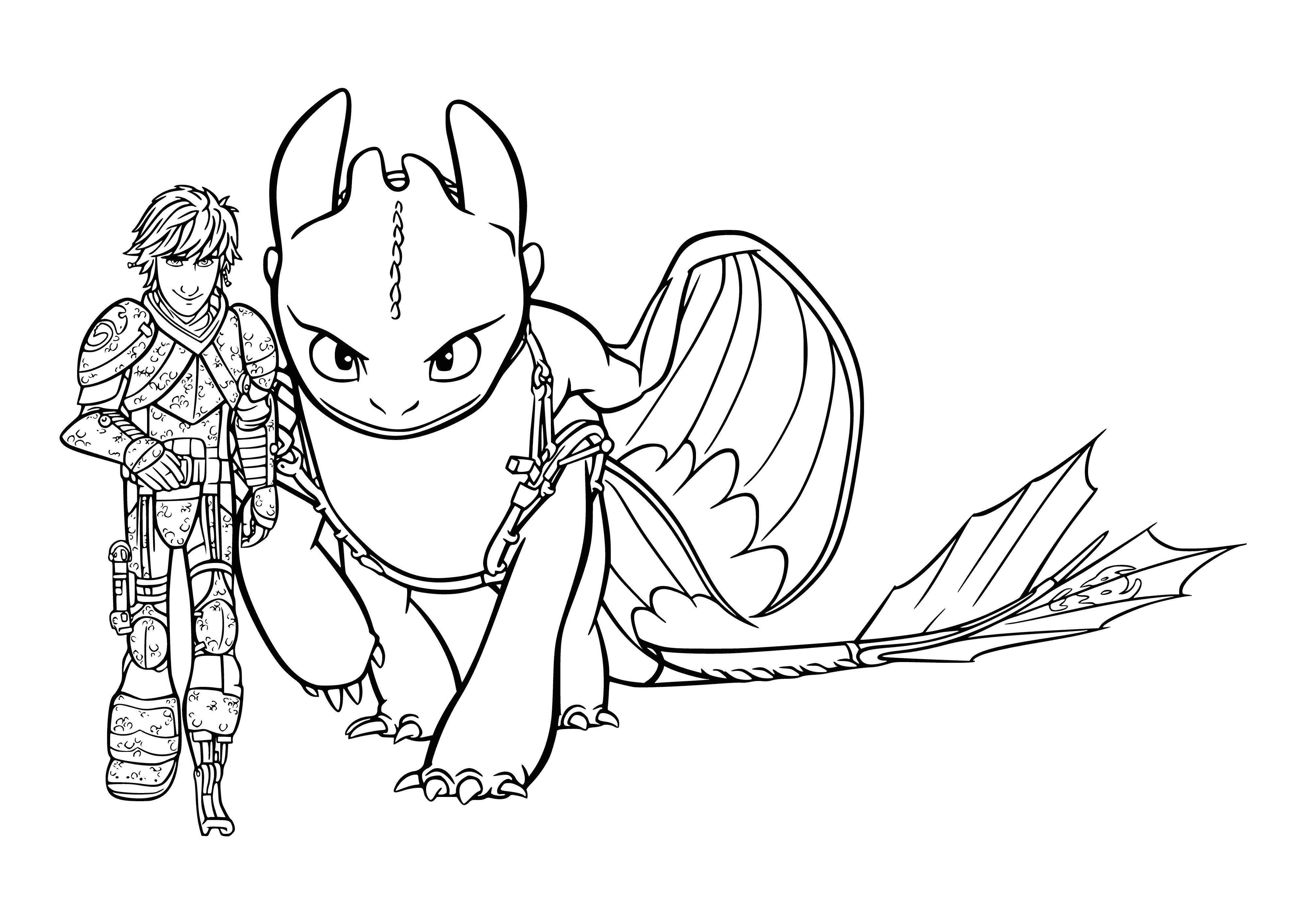 coloring page: Two dragons, Iking & Bezzubik, show contrasting expressions; Iking fierce, Bezzubik scared. Iking's wings spread, ferociously barring large teeth.