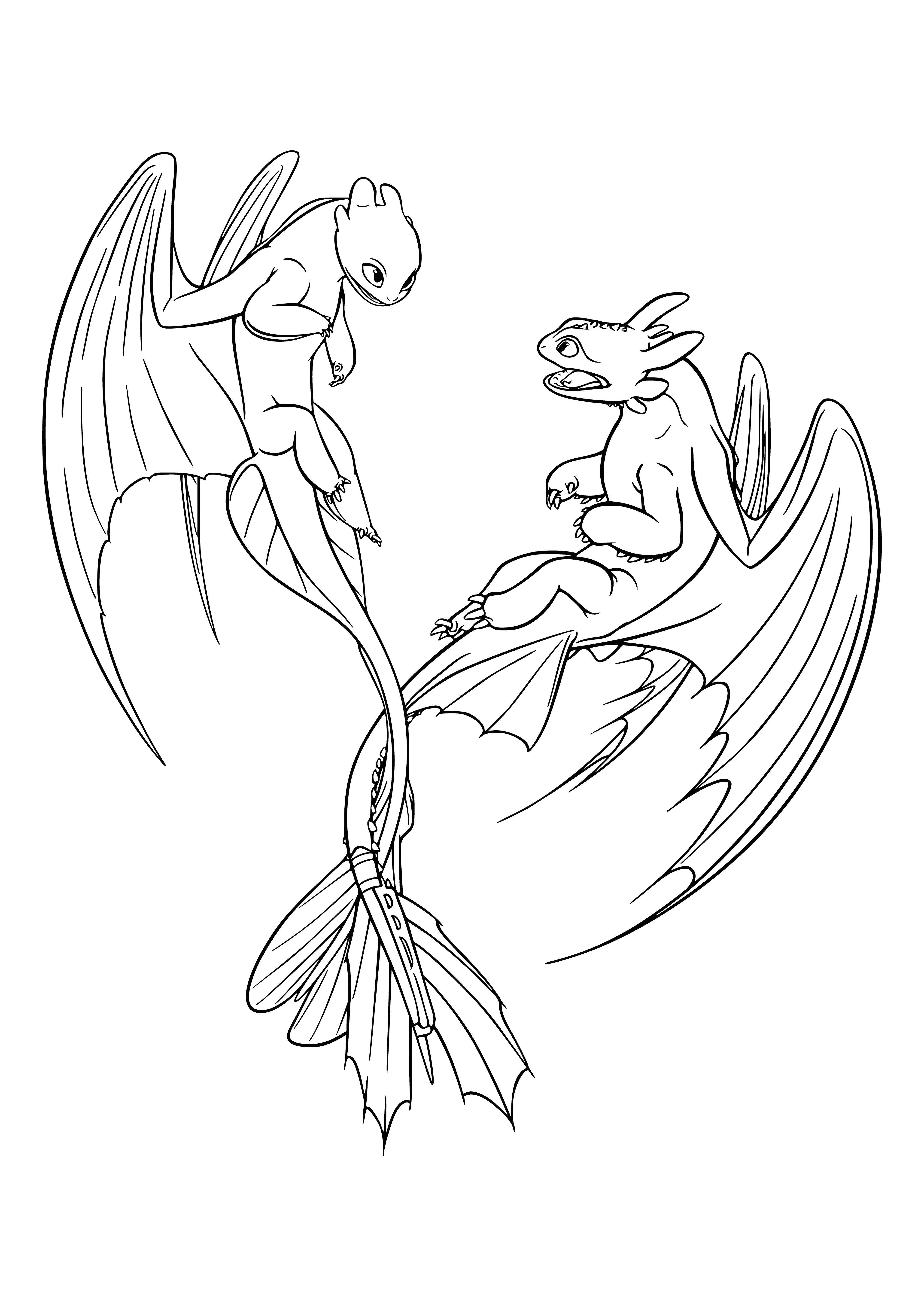 coloring page: Dragon with green scales, boy & small creature riding it, flying through air with dog-like creature on its head.