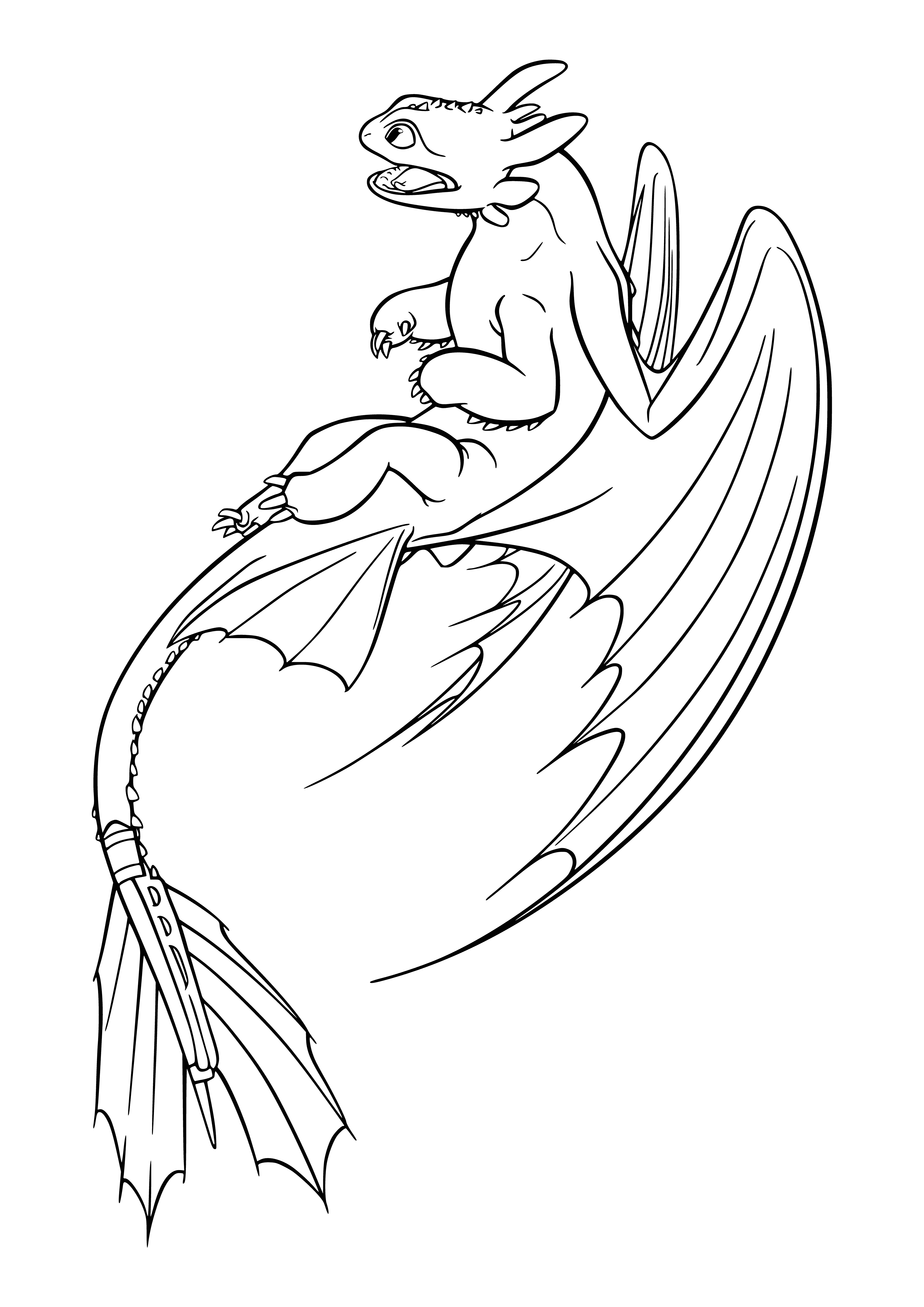 coloring page: Large, blue dragon w/ long, snake-like body & four legs; has large ears, wings, sharp claws & teeth.