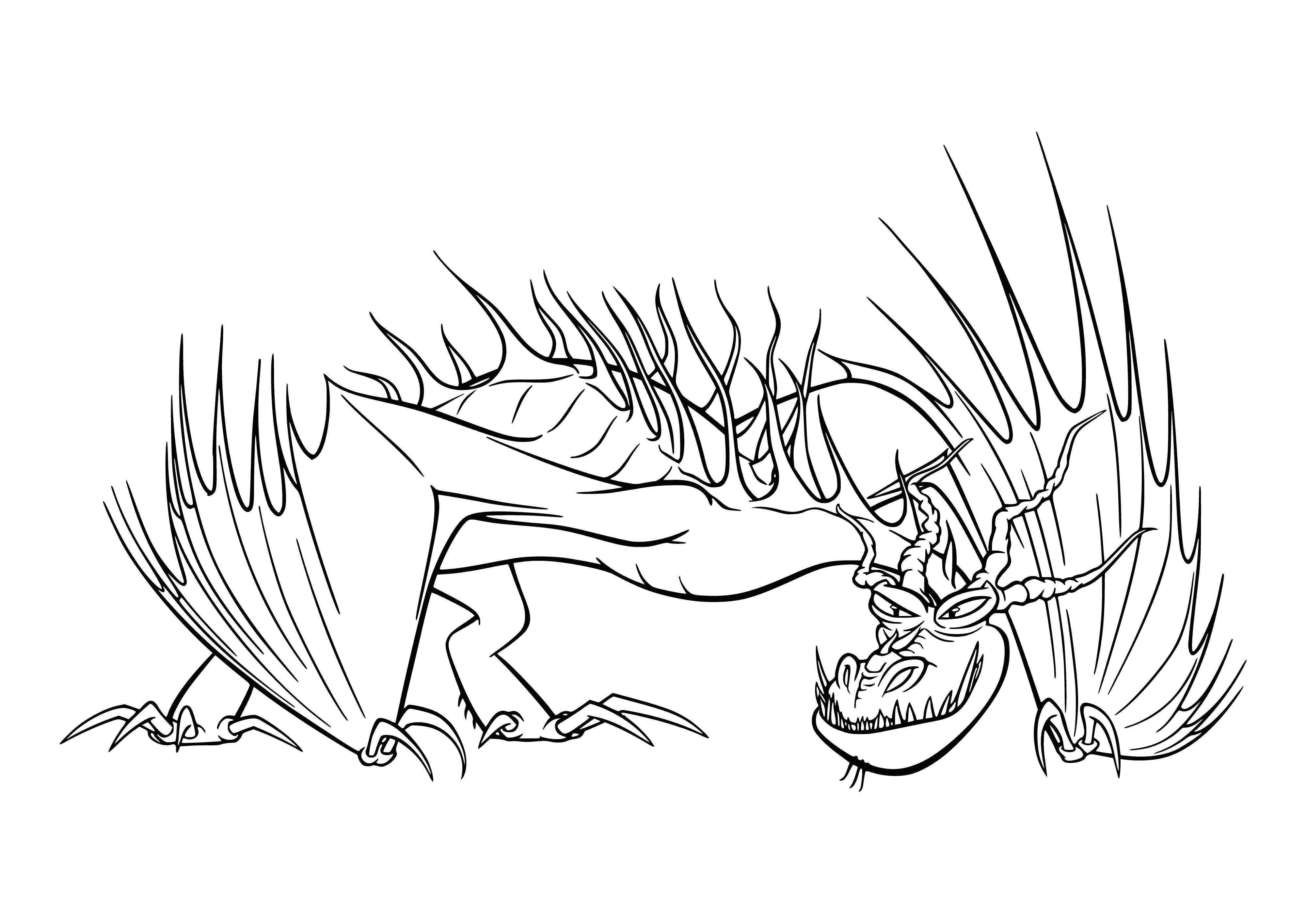 coloring page: Large dragon-like creature with long, snake-like body, dark blue skin, webbed wings, spikes, long & thin tail, sharp teeth, & extended claws flying through the air.