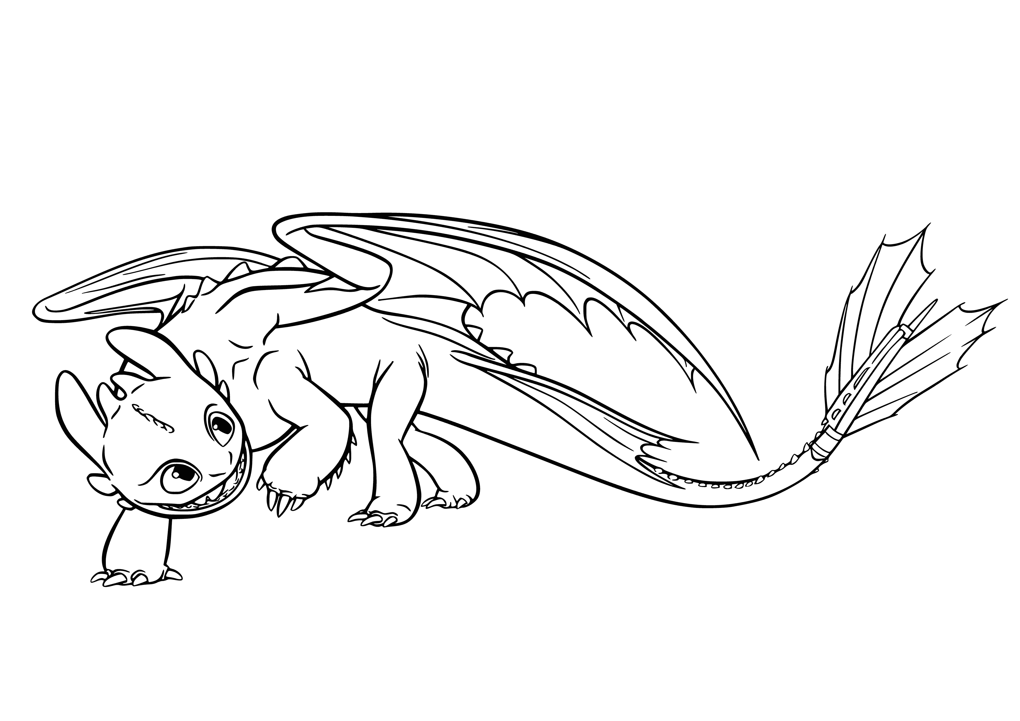 coloring page: The Night Fury is feared and respected-- the most powerful and dangerous dragon with sleek, black body, huge wings, and bright blue eyes.