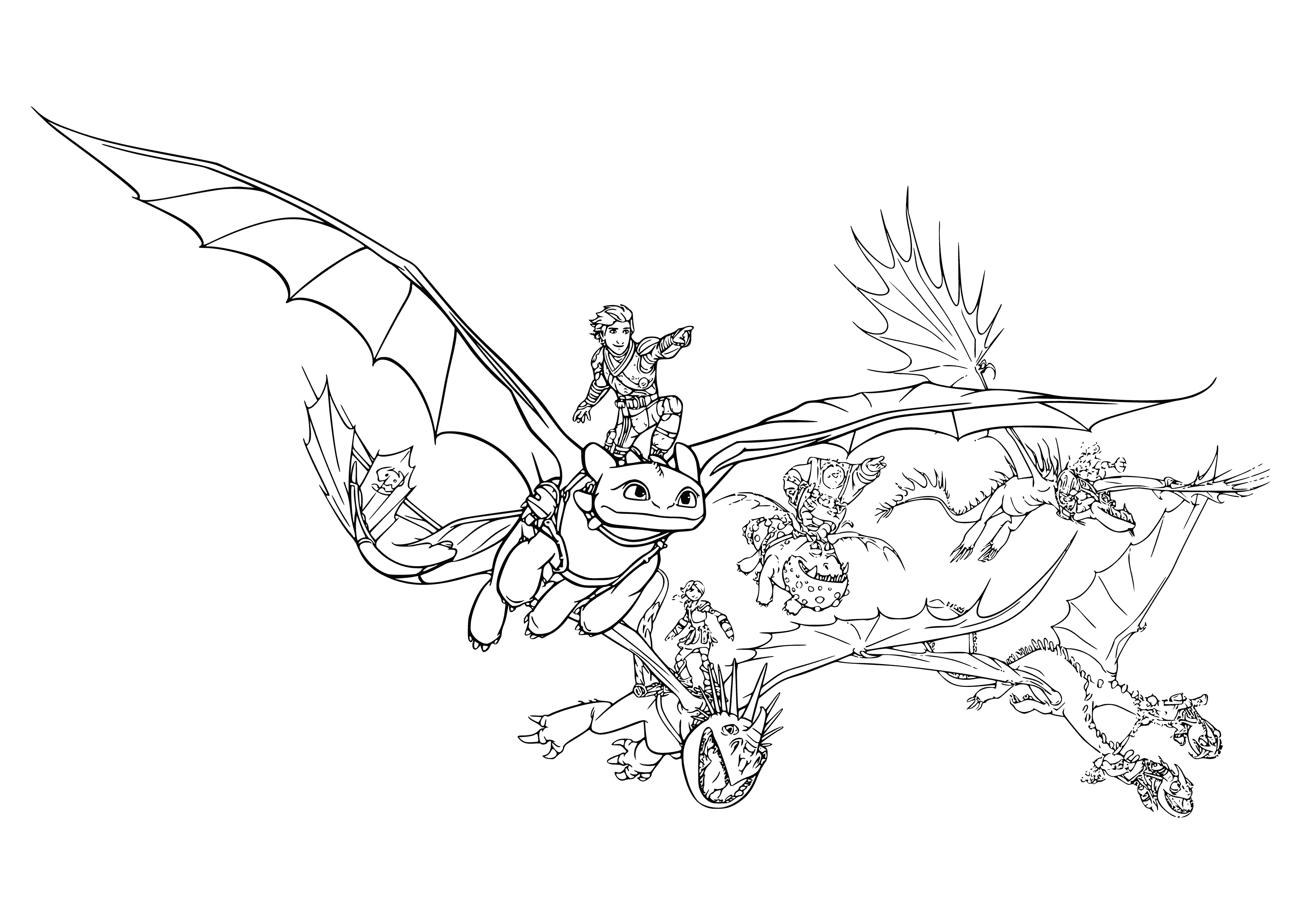 coloring page: Dragon riders teach their dragons w/ name calling, commands & body language.