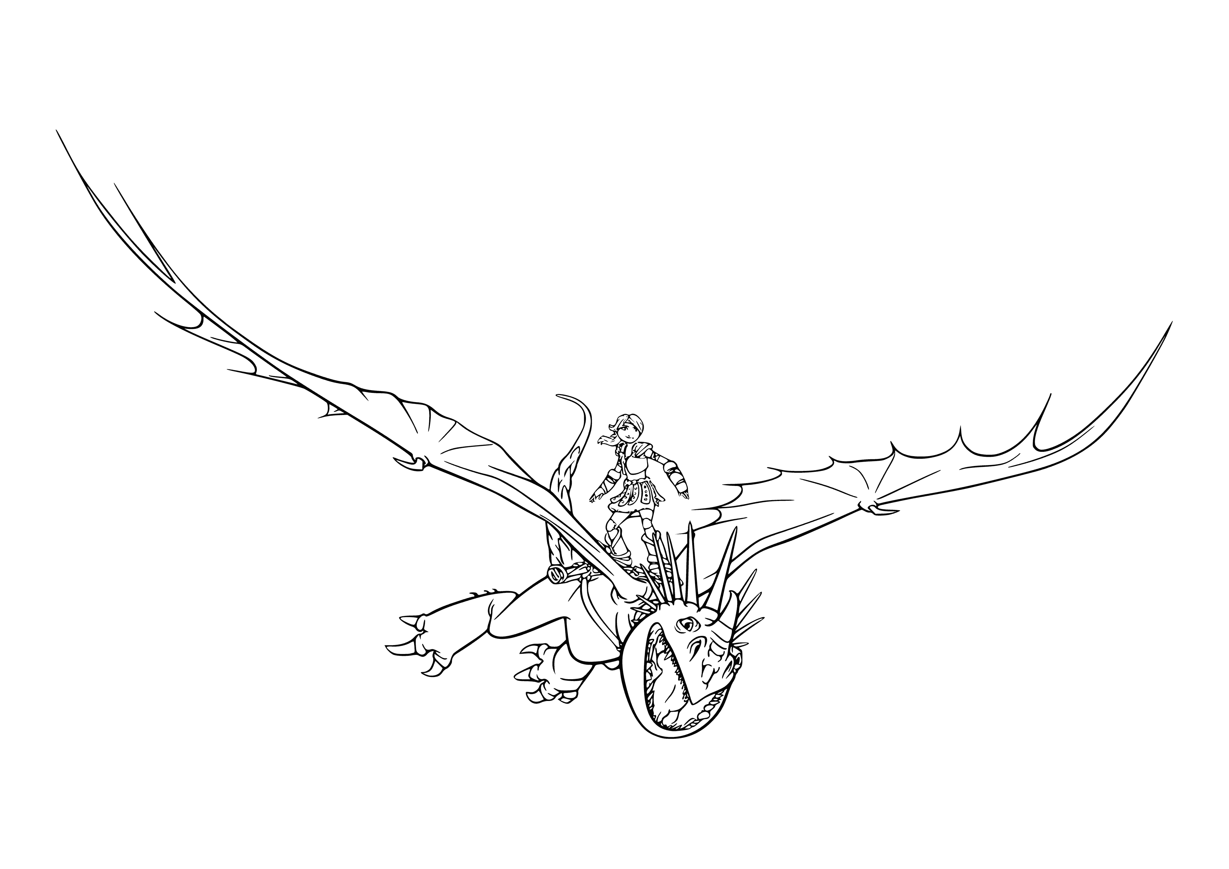 coloring page: Astrid flies on a dragon, Thunderguild, feeling the wind in her hair, looking happy and excited.