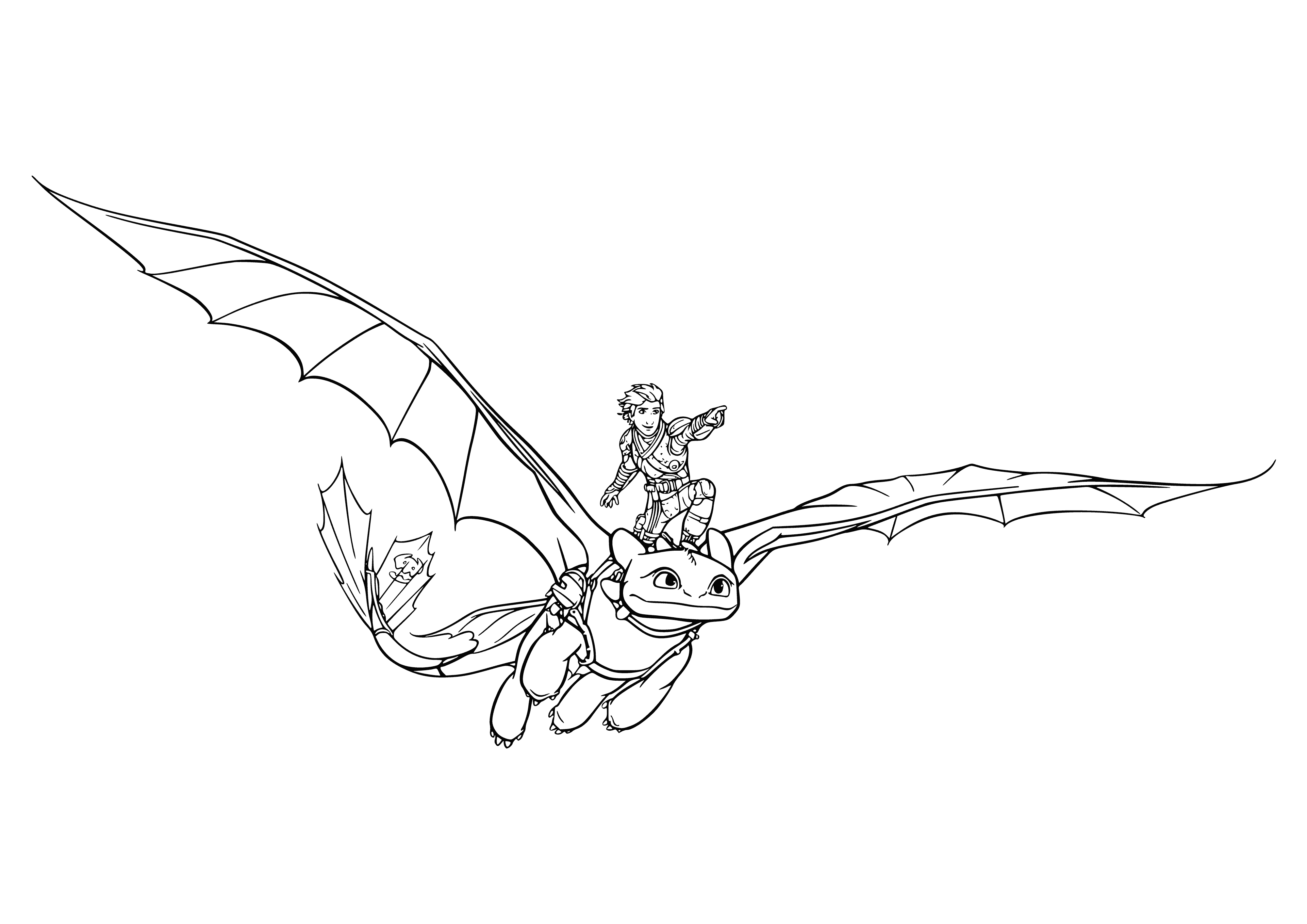 coloring page: Hiccup is smiling while flying on Toothless, a dragon, with a helmet and reins. #HTTYD2 #HowToTrainYourDragon2