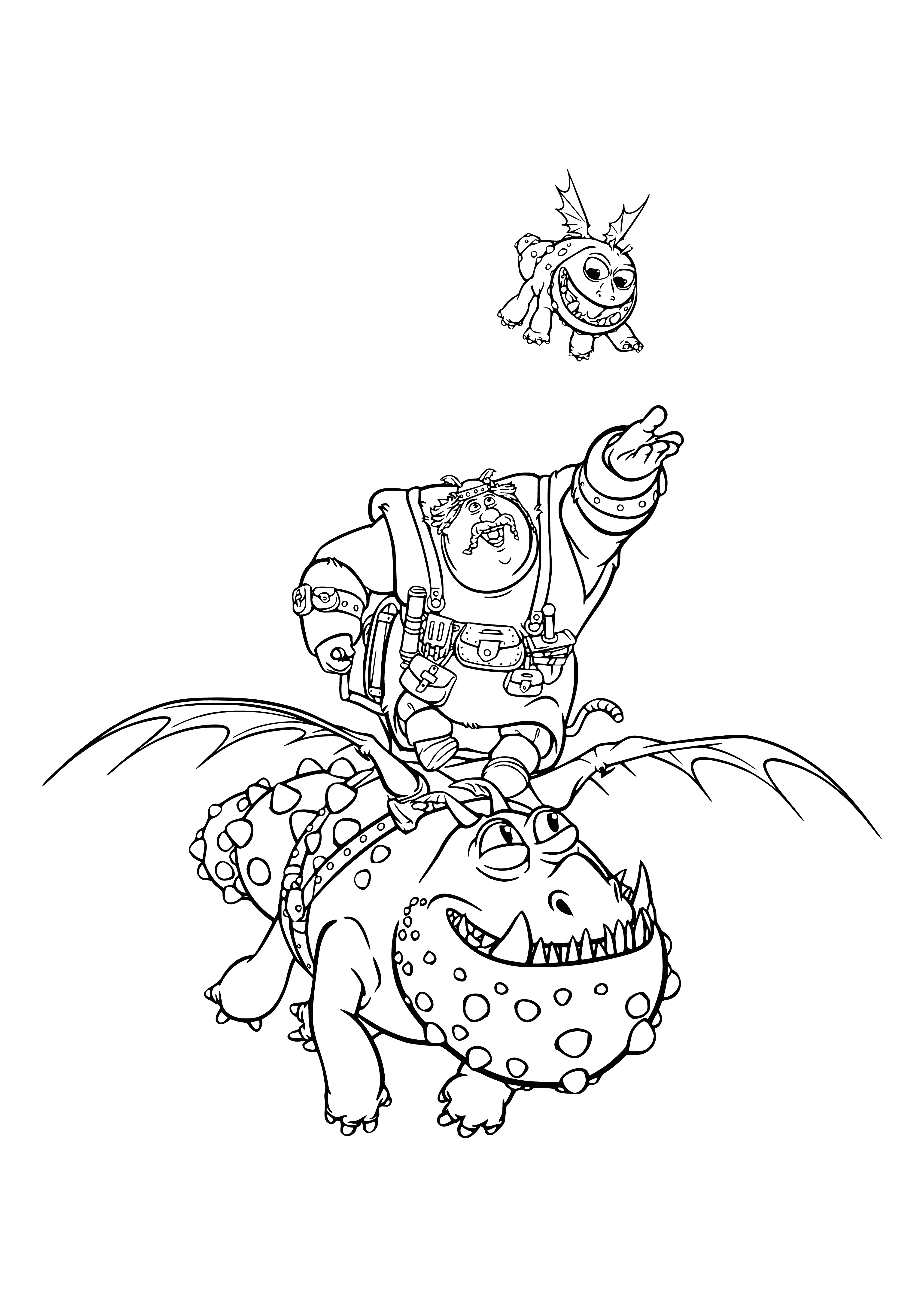 coloring page: Dragon Sardinka flies with fish in mouth; fish still alive, flapping fins frantically.