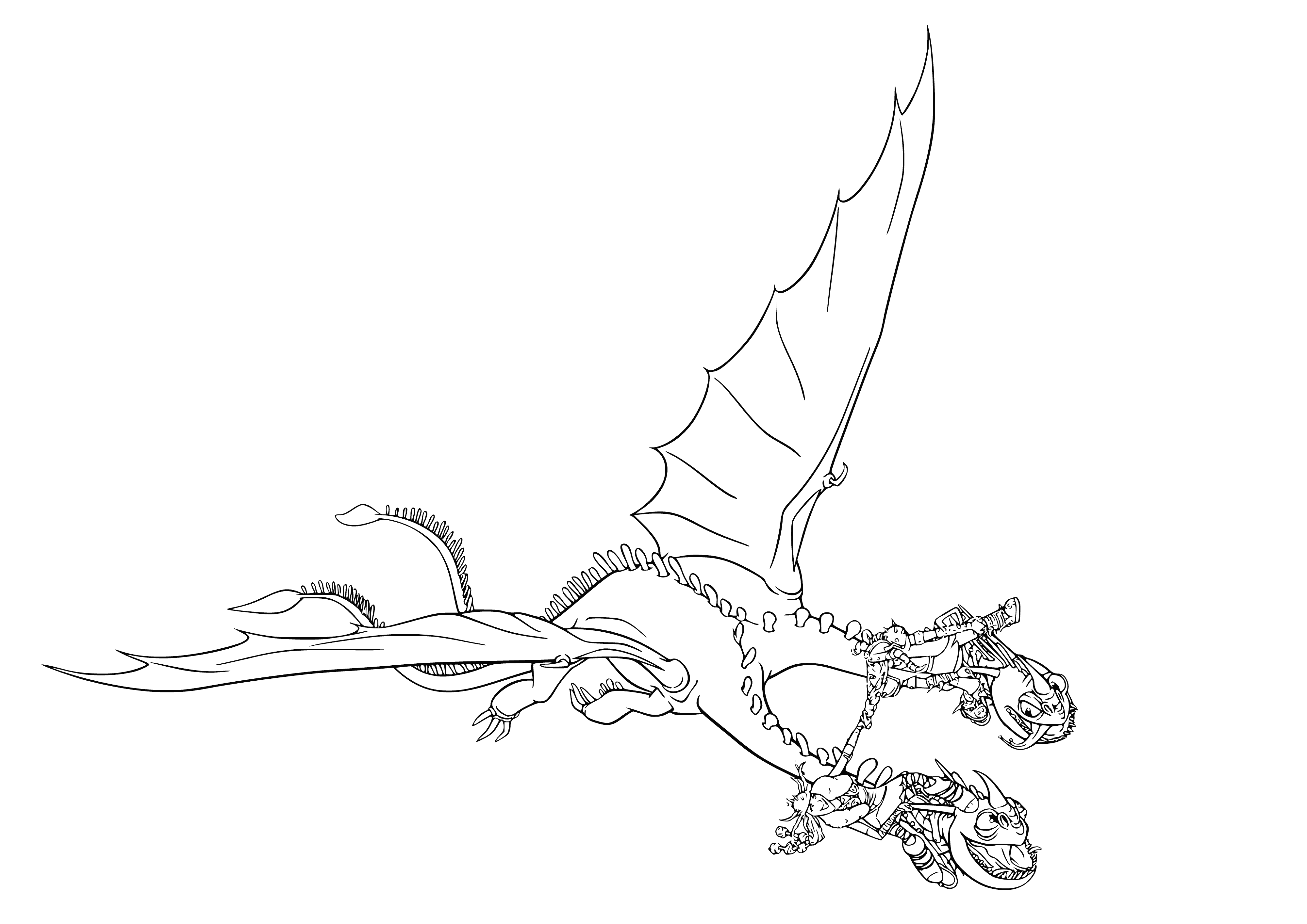 coloring page: Zibiyaka & Zabiraka ride the Straphead, a large white dragon w/long neck & tail, strong body & outstretched wings. They have a great time flying! #fantasy #dragonriders