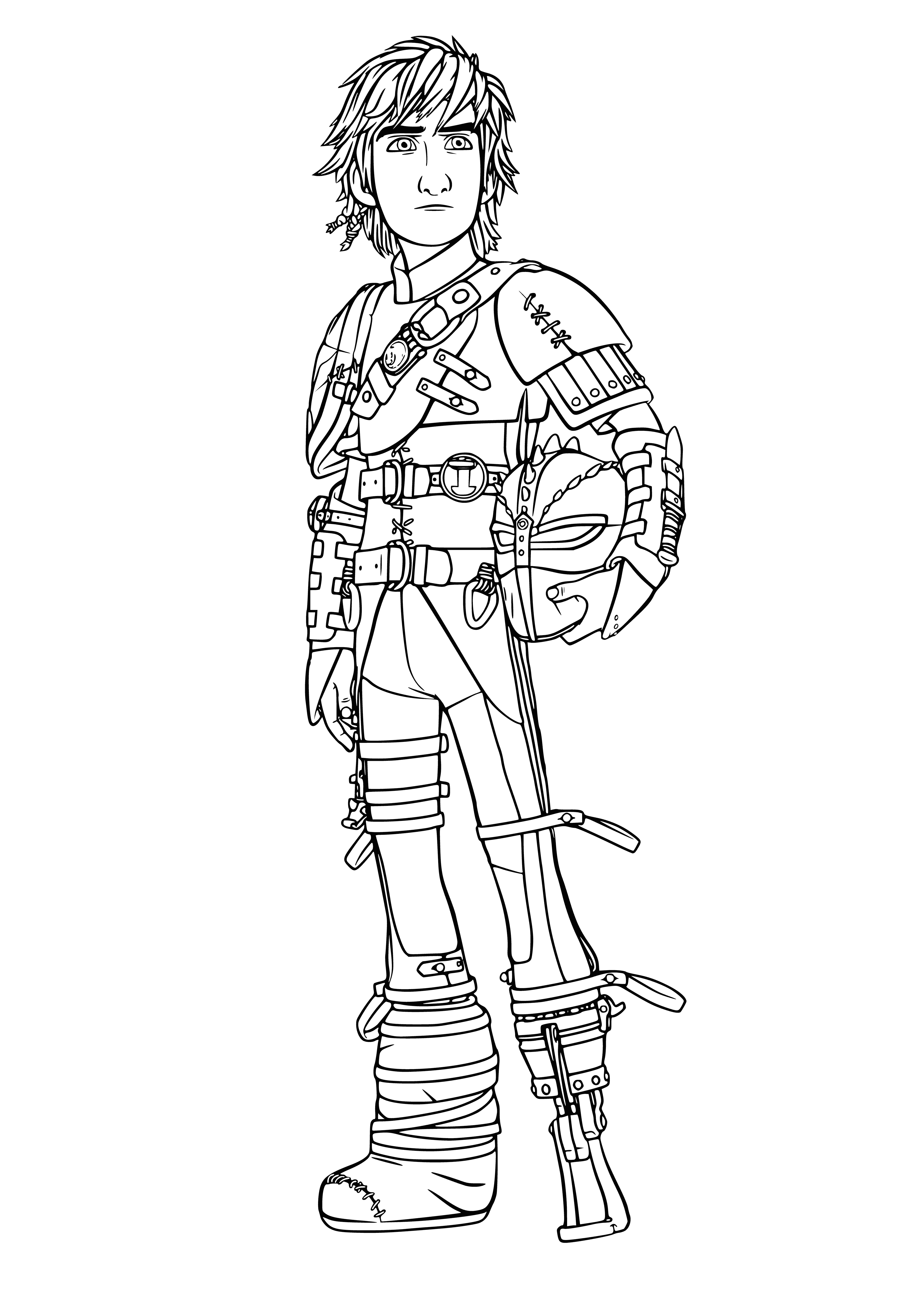 coloring page: Hiccup is a brave boy with a wooden leg and missing right hand; holding a small, brown dragon with its wings spread, he fully embraces his differences.