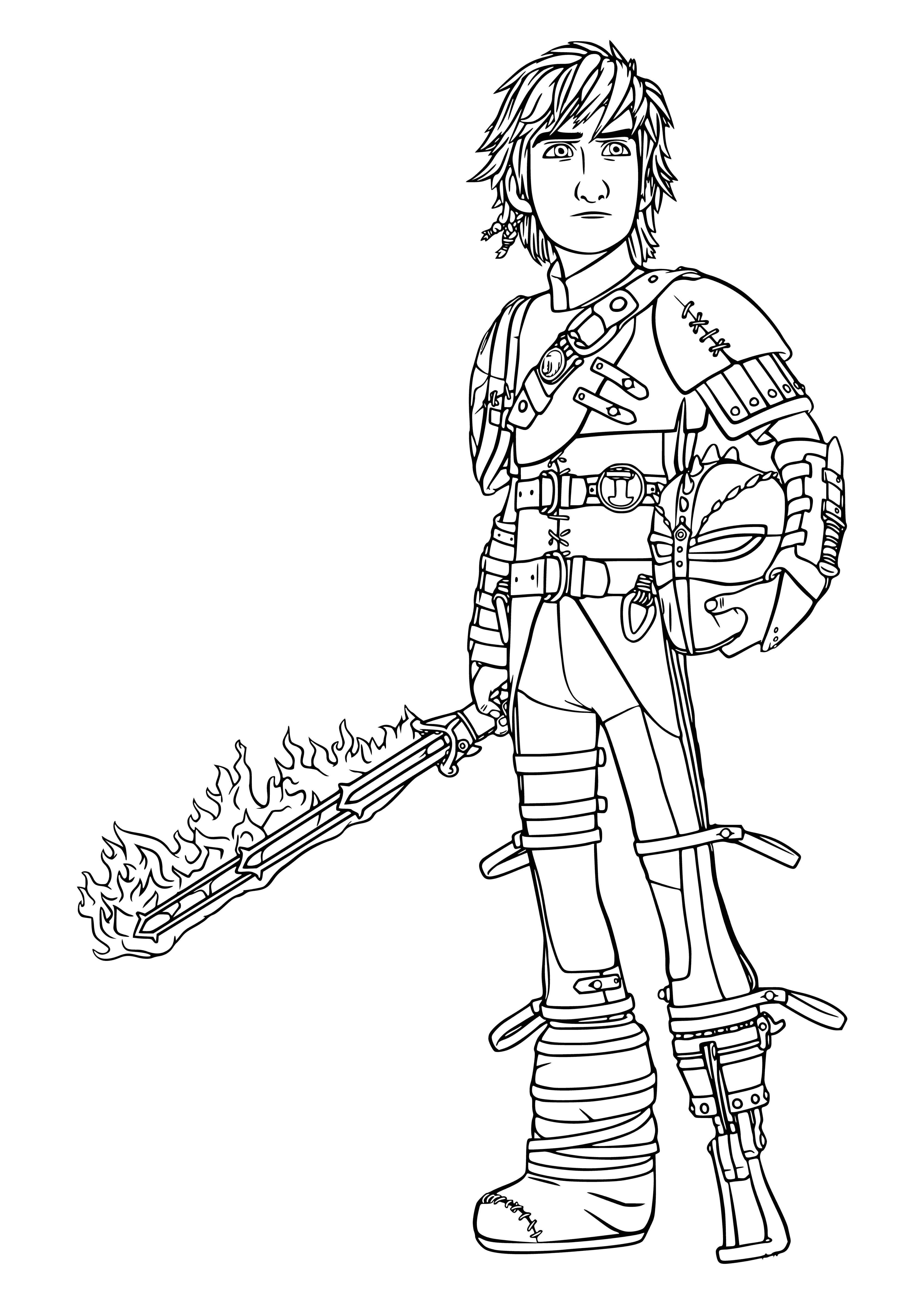 coloring page: Hiccup stands before a green dragon, staff in hand.
