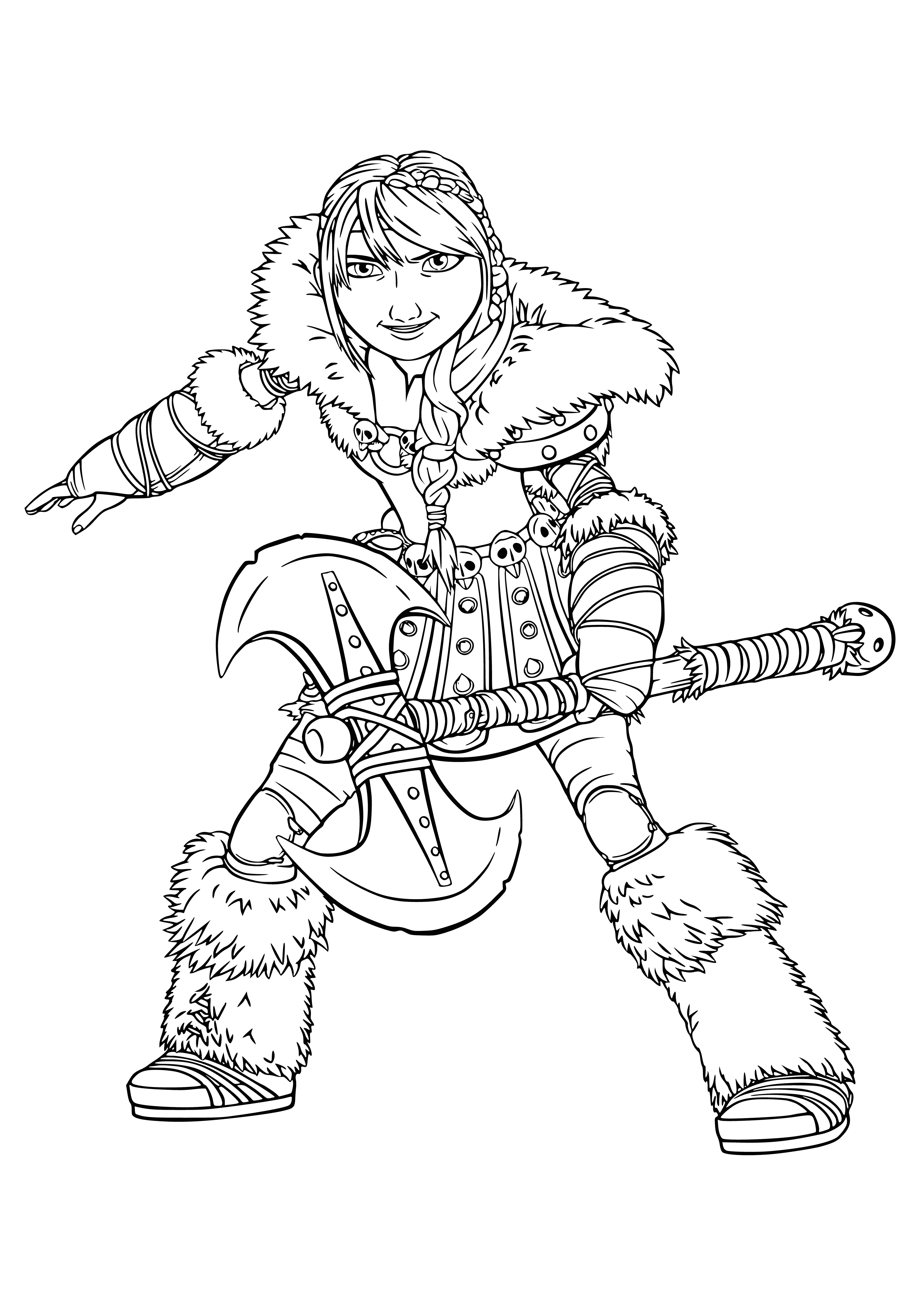 coloring page: Astrid stands tall, cloak of fur, blue eyes piercing, holding a spear and shield. Behind her, a dragon with green scales and red wings.