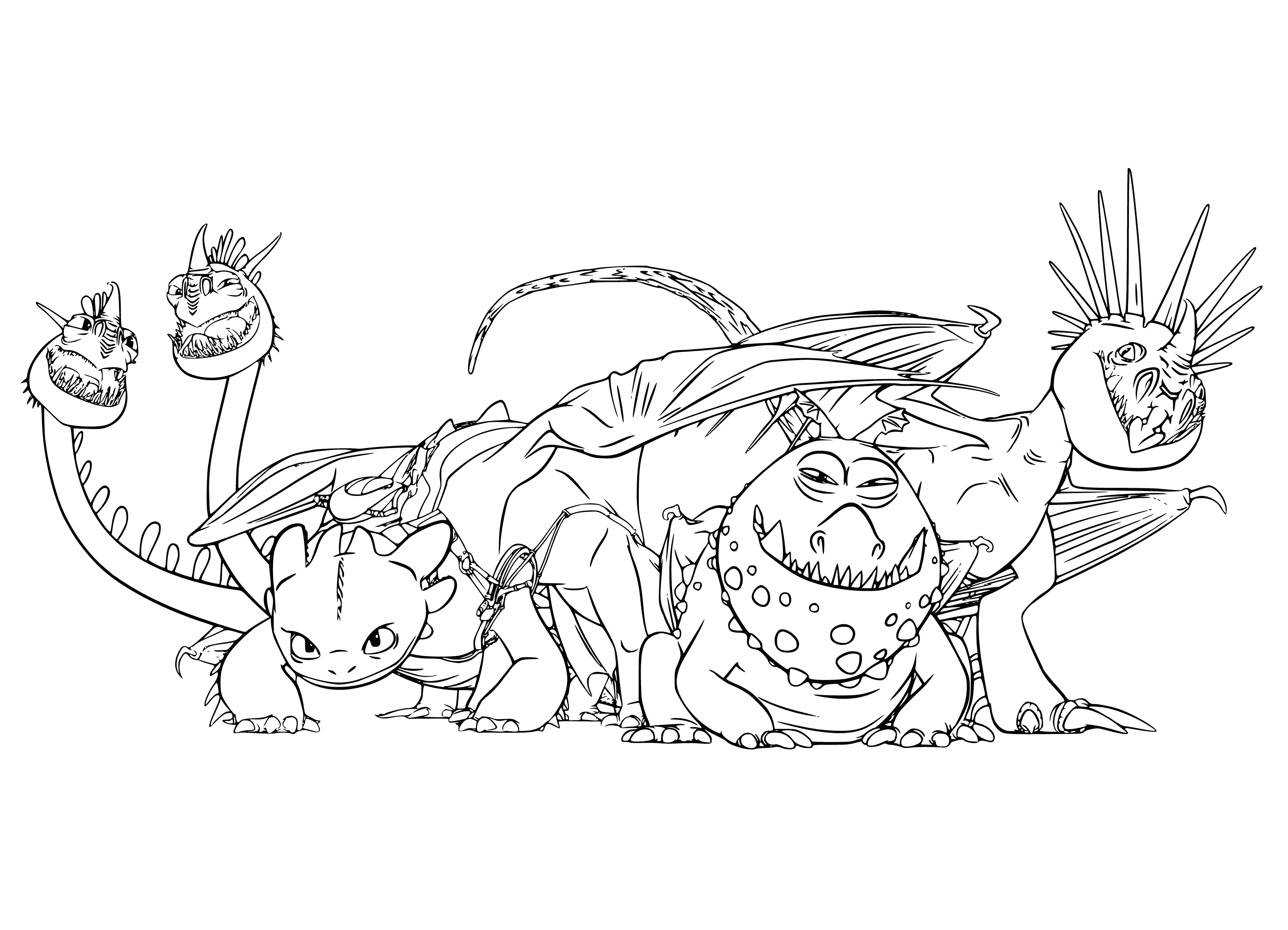 coloring page: Coloring page of a Night Fury plus small coloring pages of creatures like a Grommel & Thunder Guild, promoting versatile fasteners.