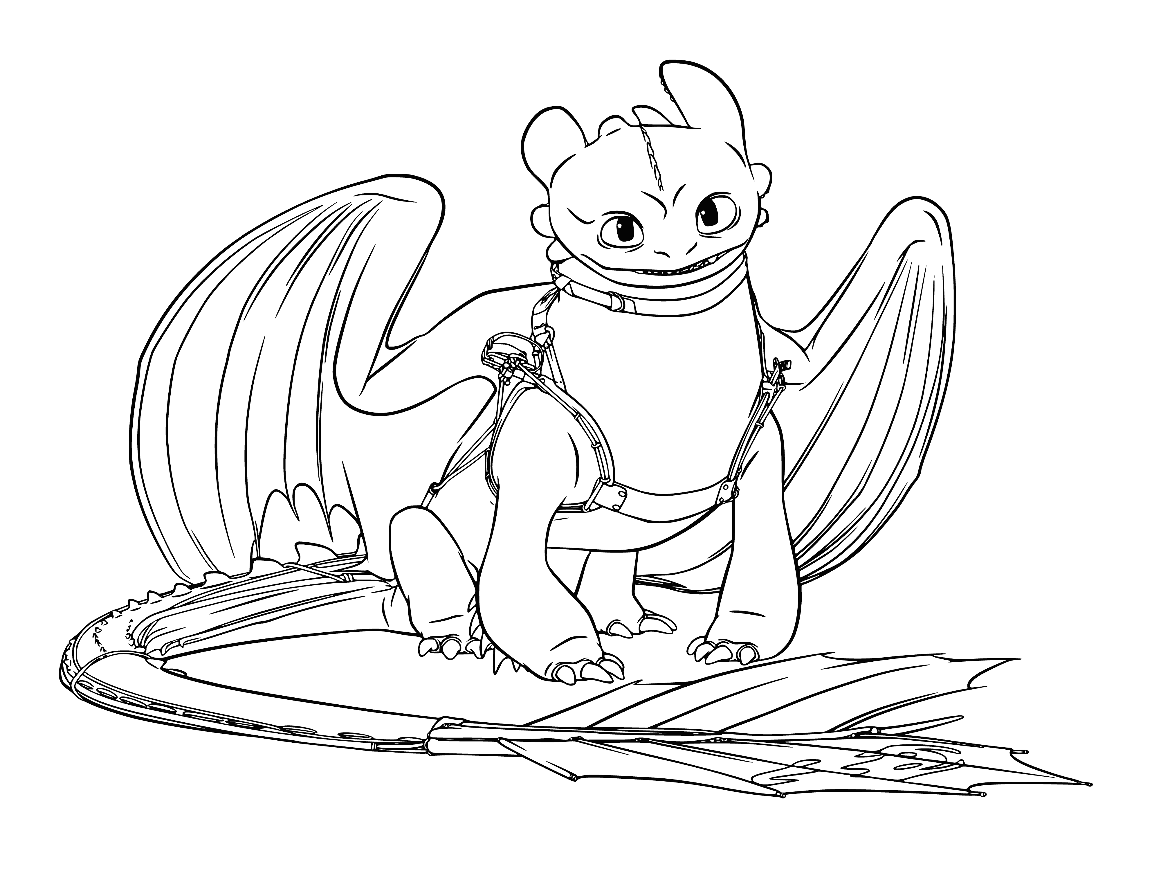 coloring page: Bezzubik is a huge orange dragon with four wings, yellow eyes, and a large mouth full of sharp teeth.