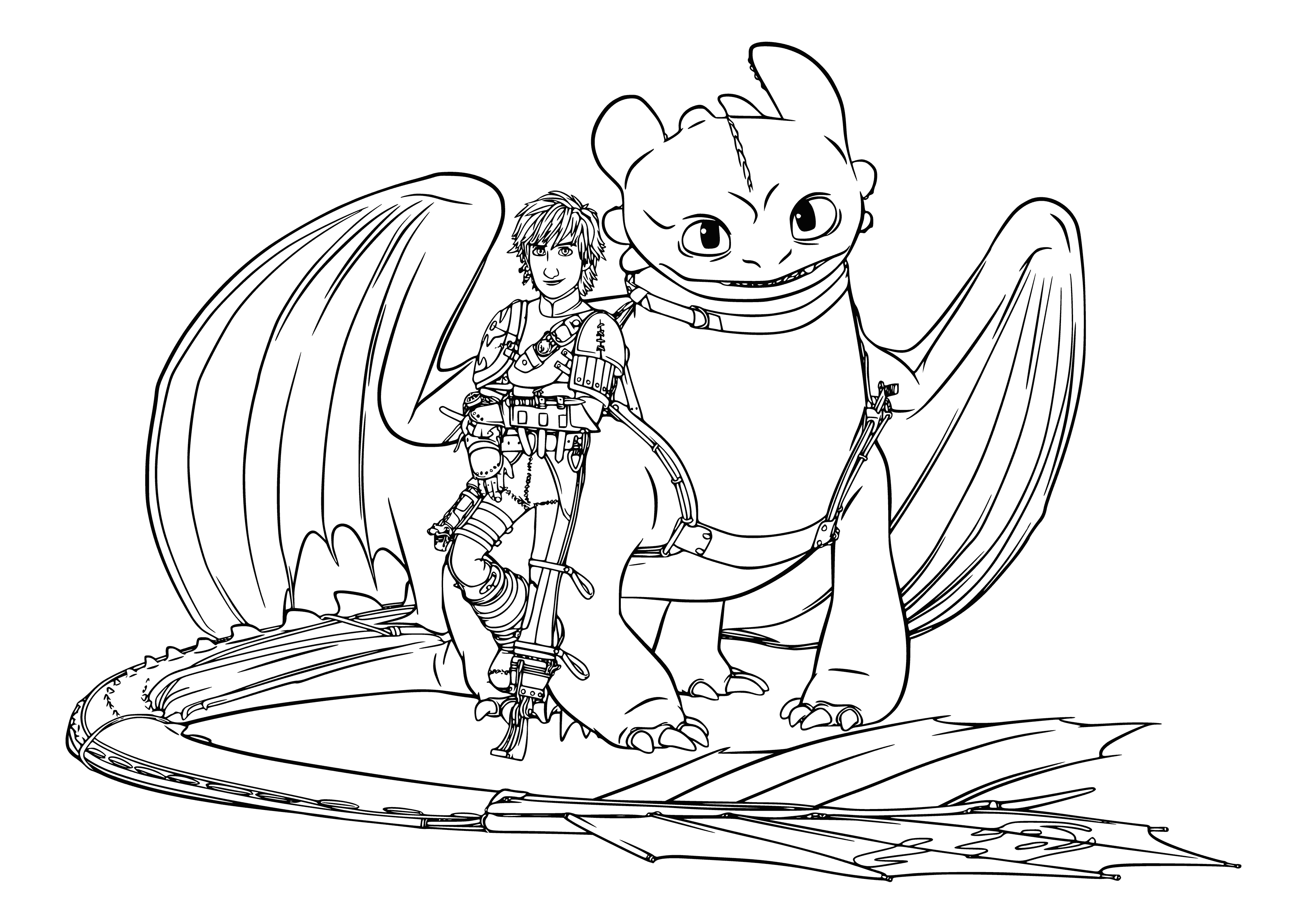 coloring page: Large orange dragon breathing fire, two blue dragons on its head fighting.