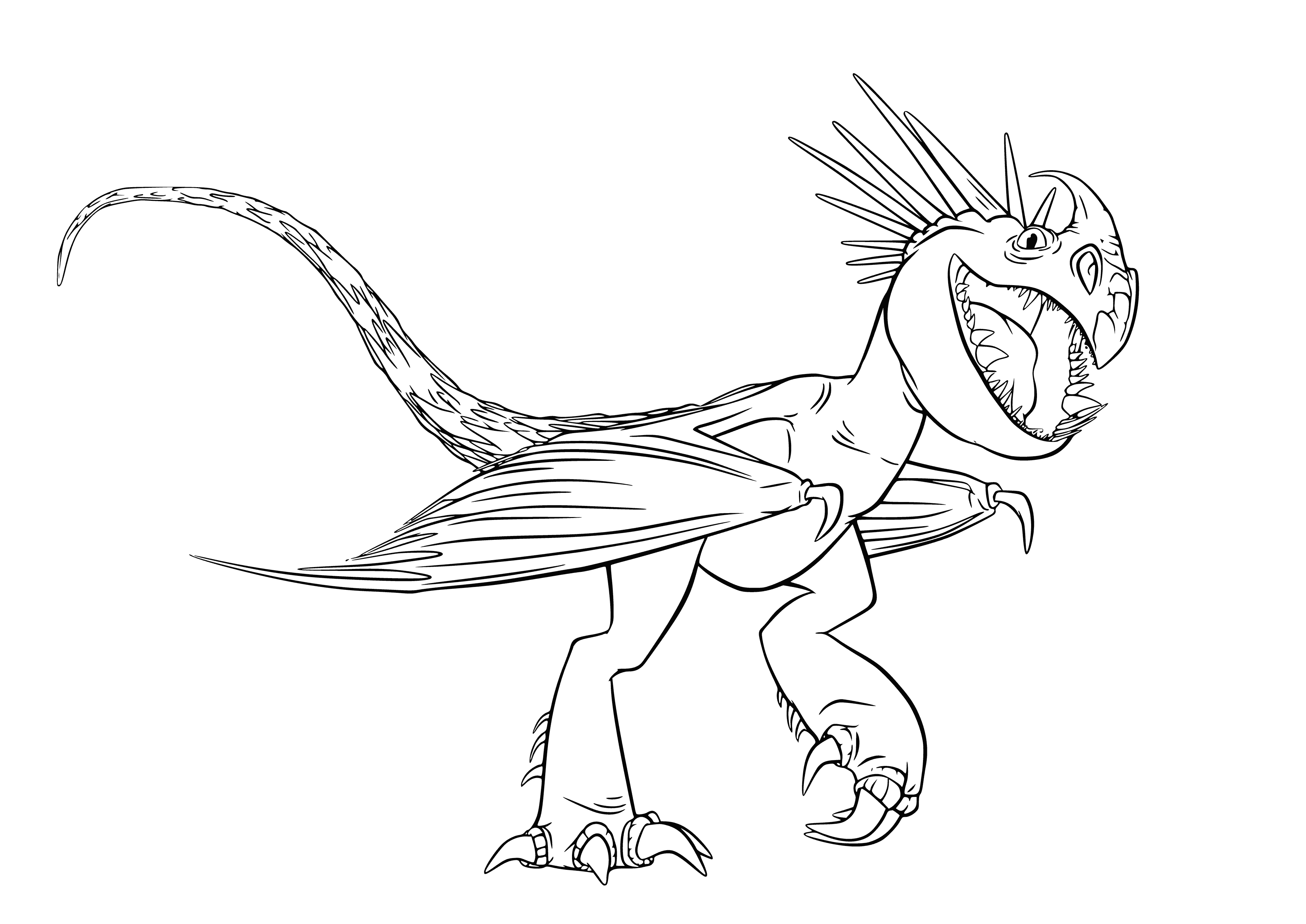 coloring page: A fierce purple dragon stands ready to fight, showcasing sharp claws and teeth. His wings are spread out in the center of the coloring page.