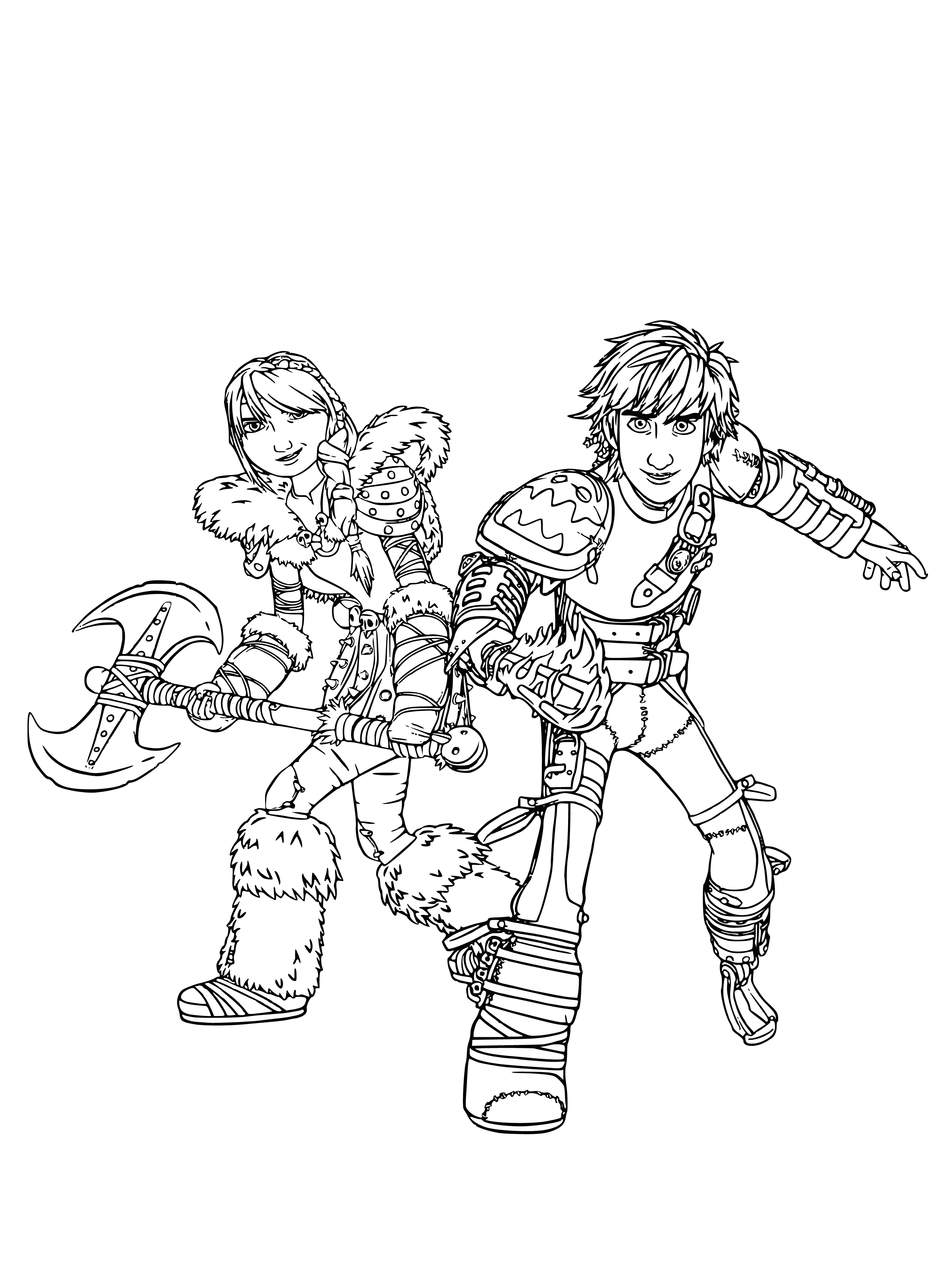 coloring page: Icking and Astrid, two young Vikings, stand on a cliff with a dragon in the distance. Wearing matching brown fur cloaks, they admire the sea.