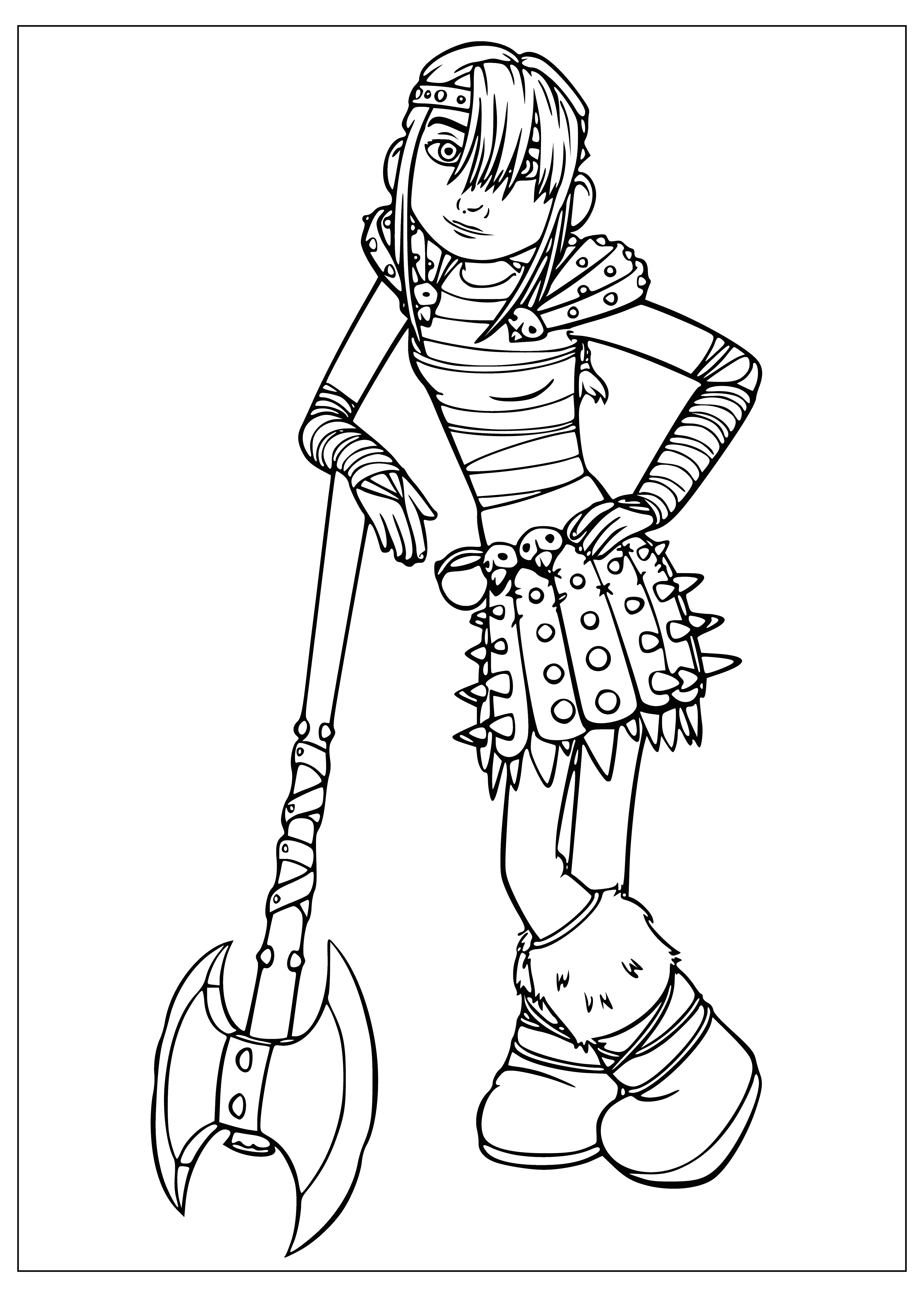 coloring page: Girl with long blonde hair & blue eyes stands w/ dragon (large, green scales). Girl wearing blue, boy wearing brown.