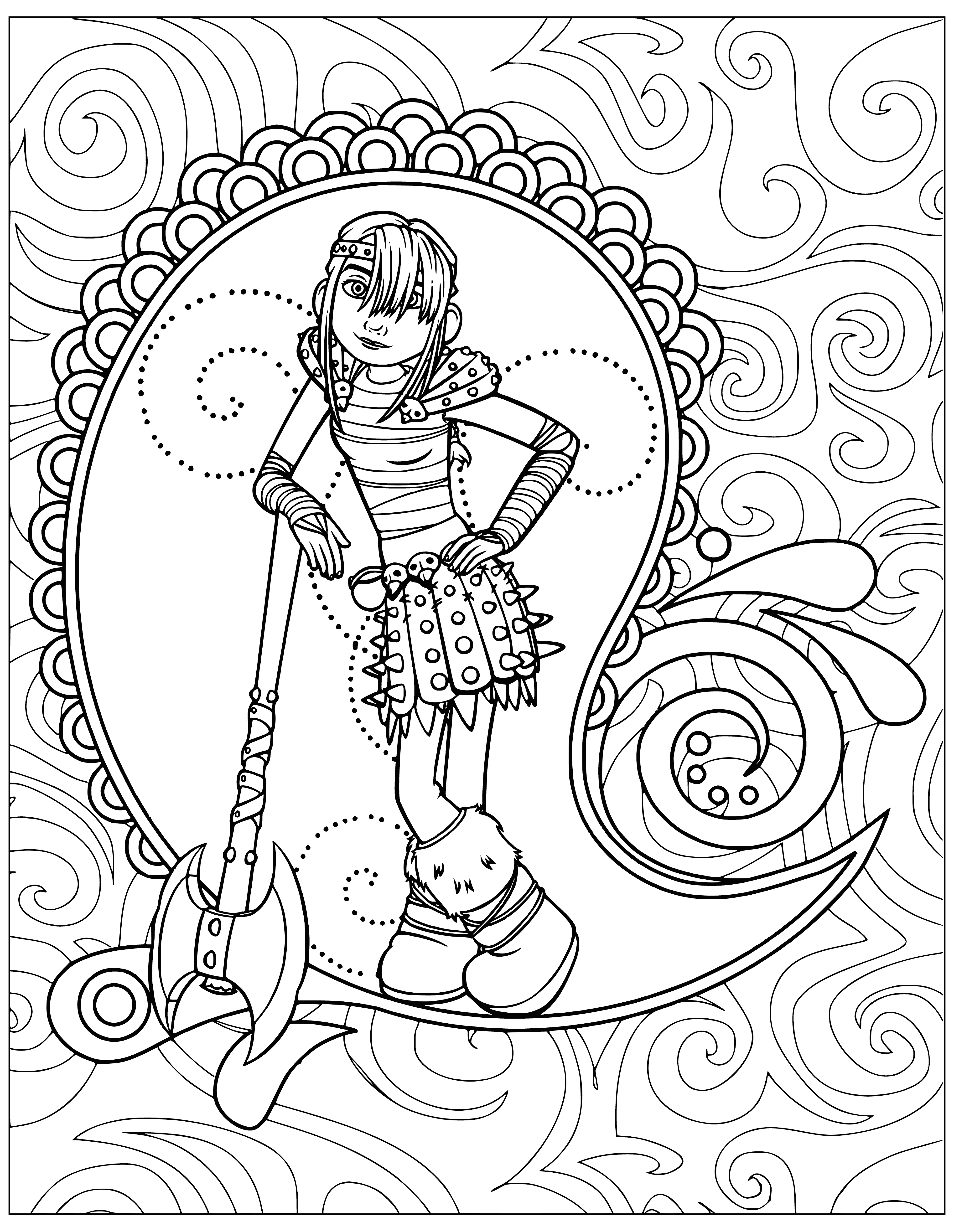 coloring page: Young girl on cliff with spear & giant dragon. She wears fur cape, green tunic, & dark leggings. Dragon has green scales & large wings, eyes closed and peaceful.
