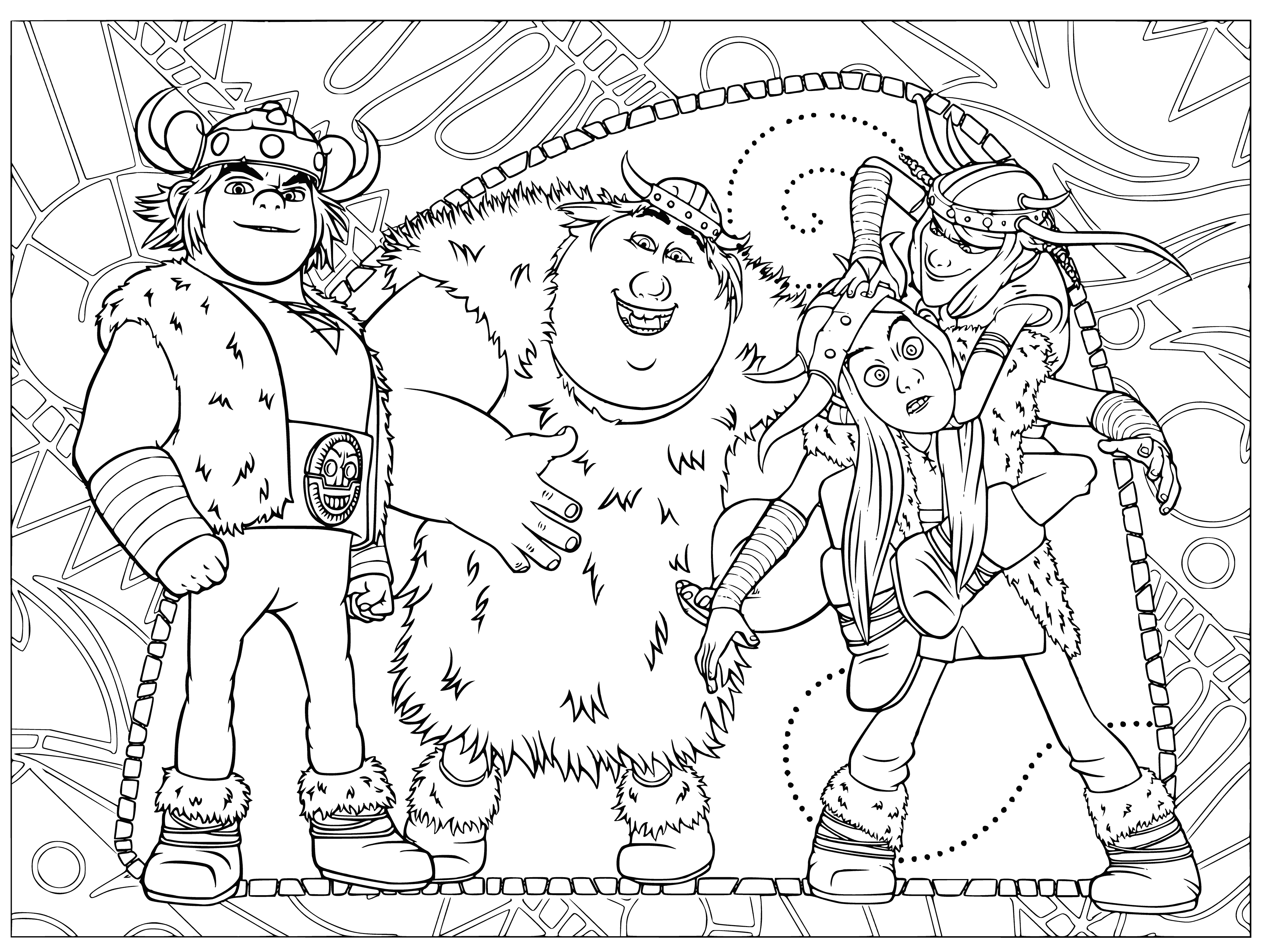 coloring page: Friends of Hiccup are riders of 4 different colored dragons who look happy and excited.