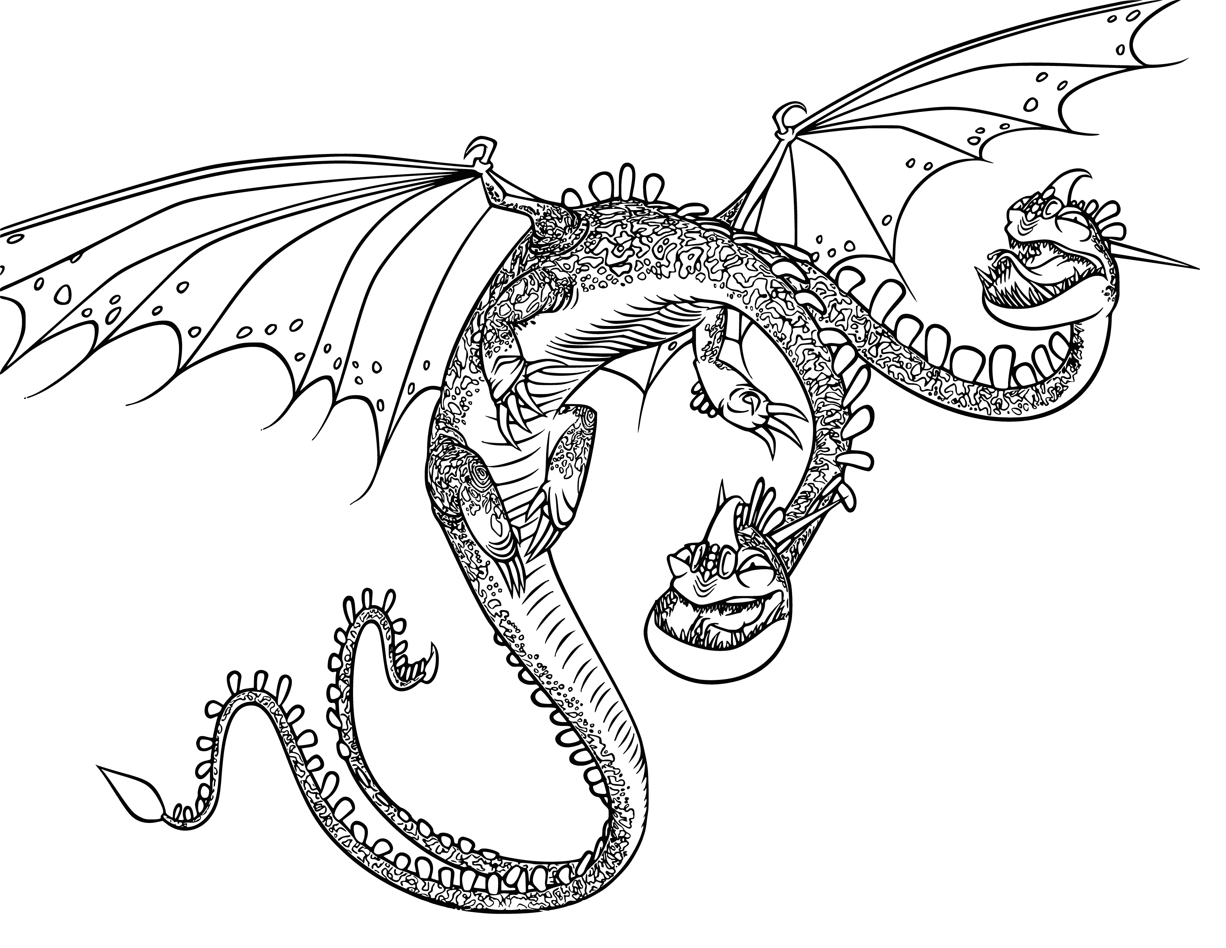 coloring page: Boy stands before dragon, petting its nose. He looks happy & excited.