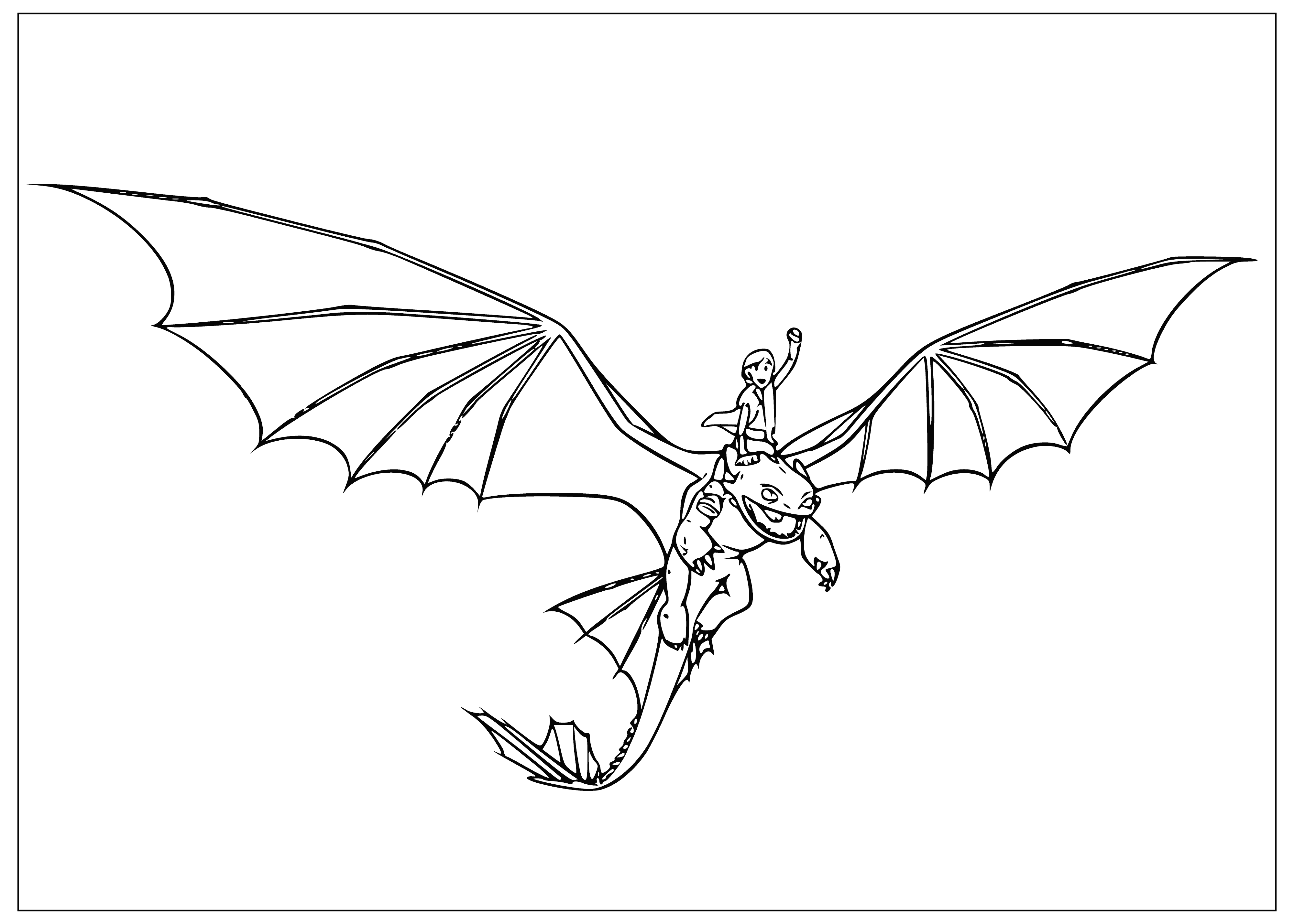 coloring page: A Red Dragon and its companions are in the center of a coloring page. They all have open mouths, and people are running away/preparing to fight them.
