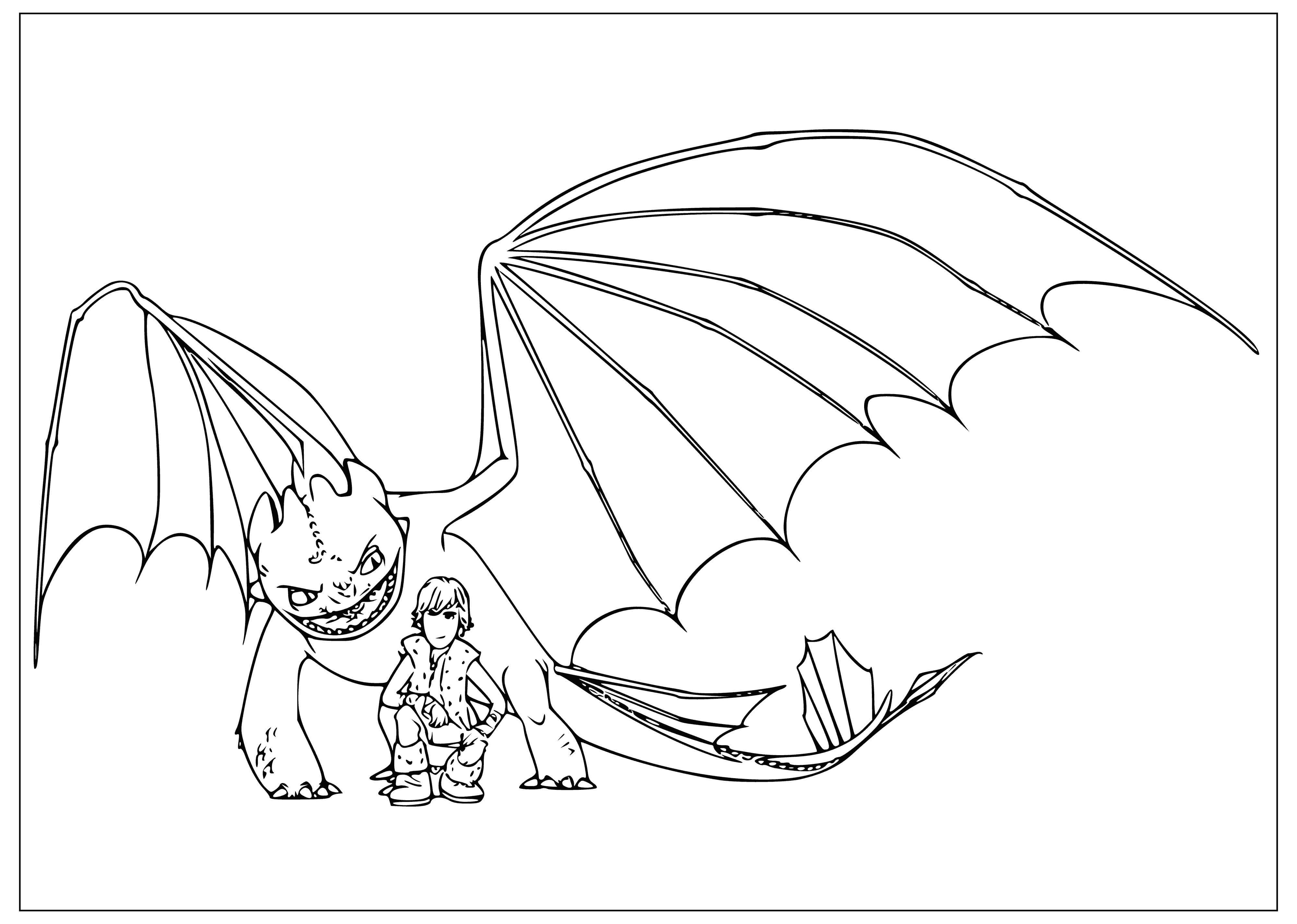 coloring page: Young Bezzubik cuddles with pet dragon Ikking on stormy night, but Ikking is wide-awake, staring intently out the window.