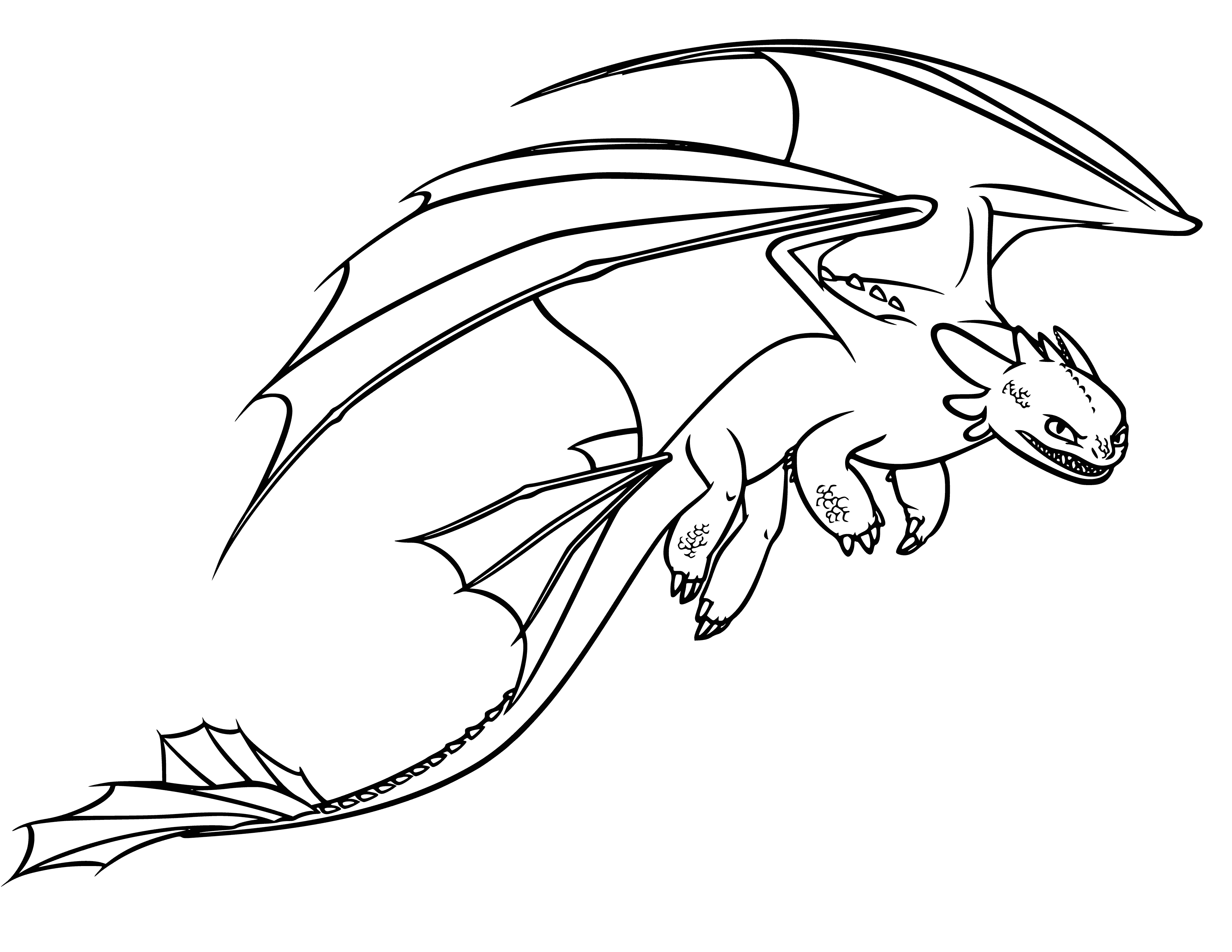 coloring page: Dragon flies in night sky, black and large wings, flying over city lit by moon and stars.