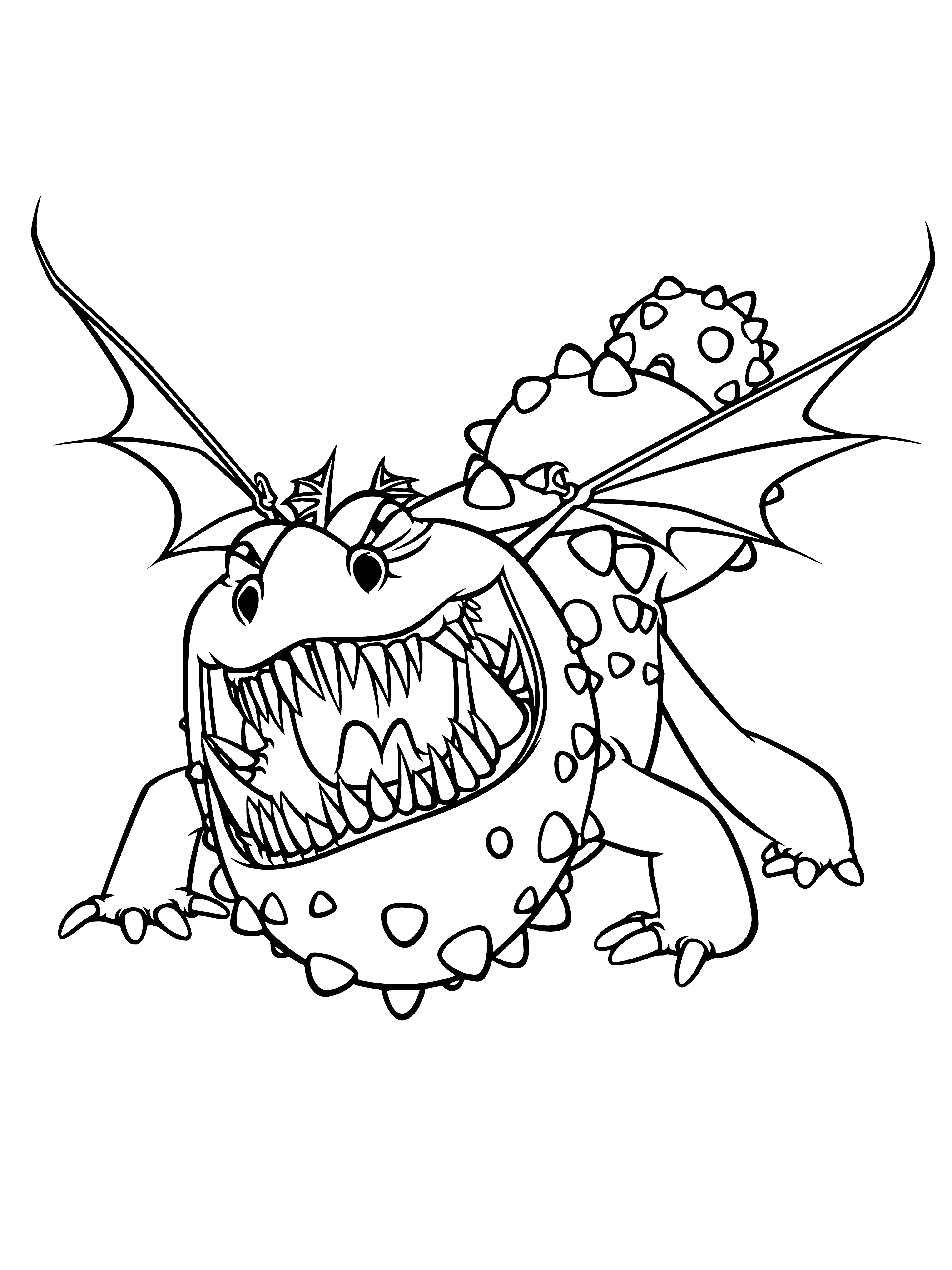 coloring page: Large dragon w/ orange scales, spikes, wings, & long tail. Sharp teeth & open mouth.