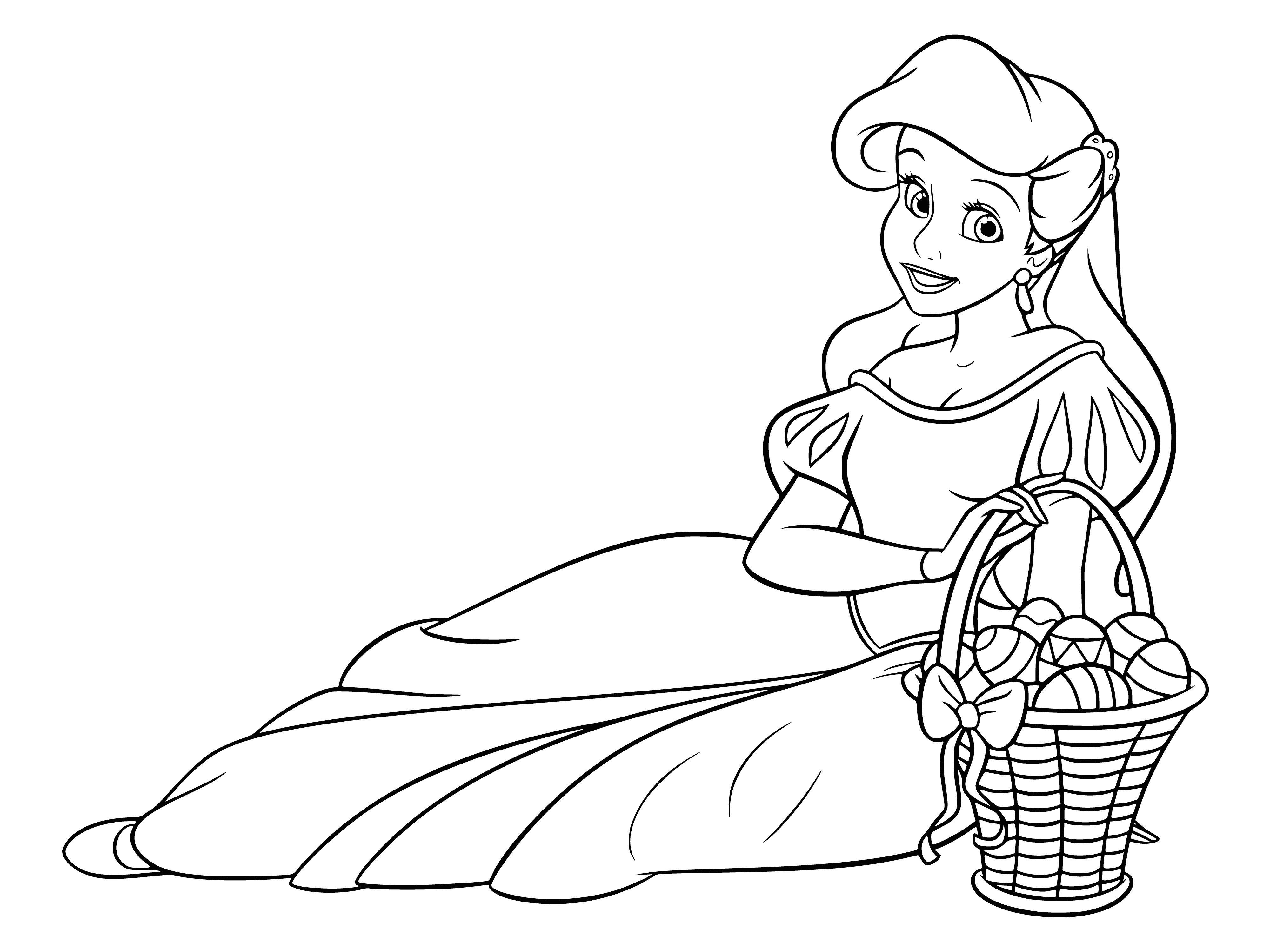 coloring page: Ariel is surrounded by spring flowers, bluebirds, & Easter eggs. Enjoying the sunny day, she sits on a log amidst the joy of the season.
