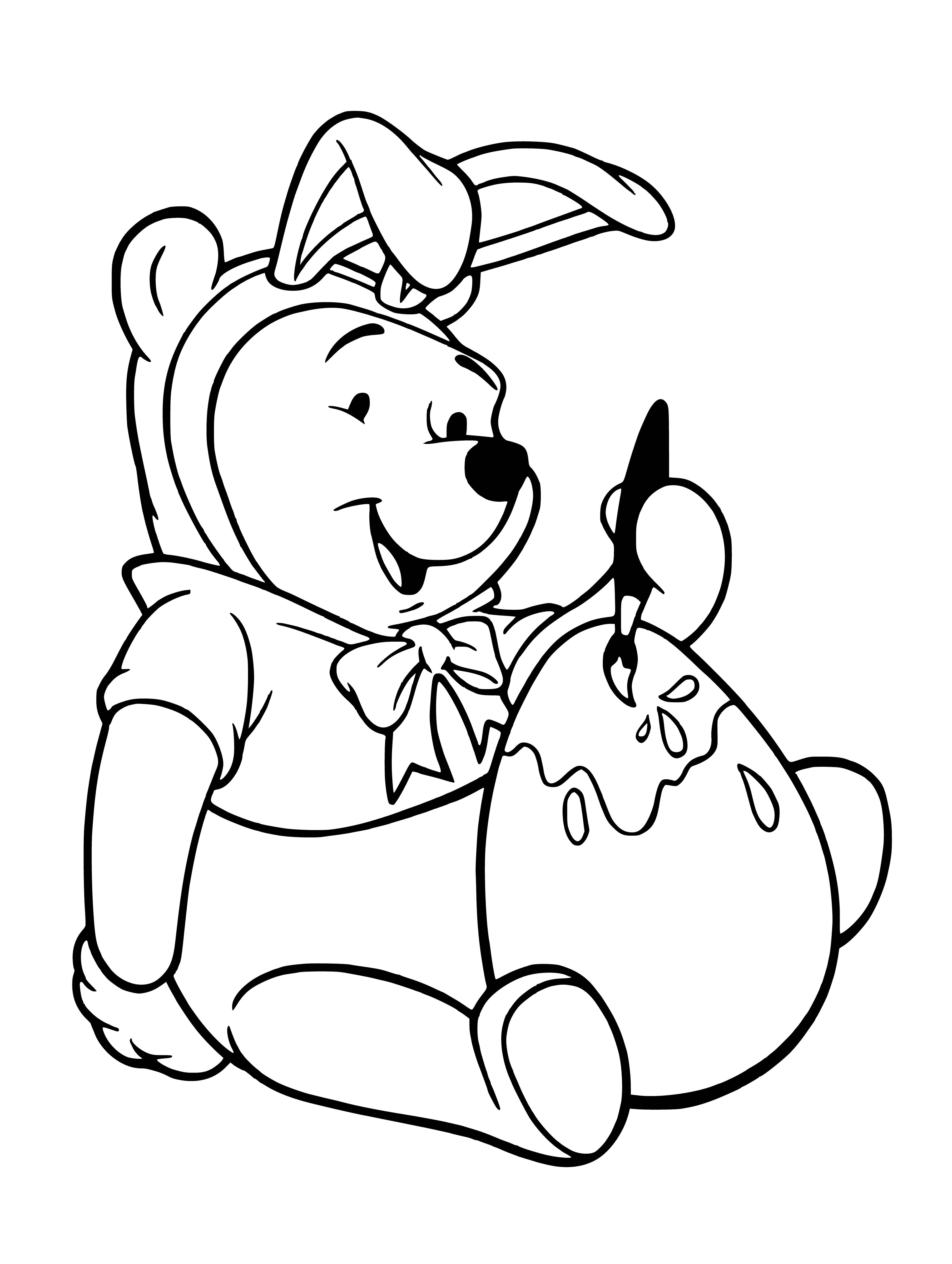 coloring page: Winnie the Bear sits on a rock, eyeing a large Easter egg!