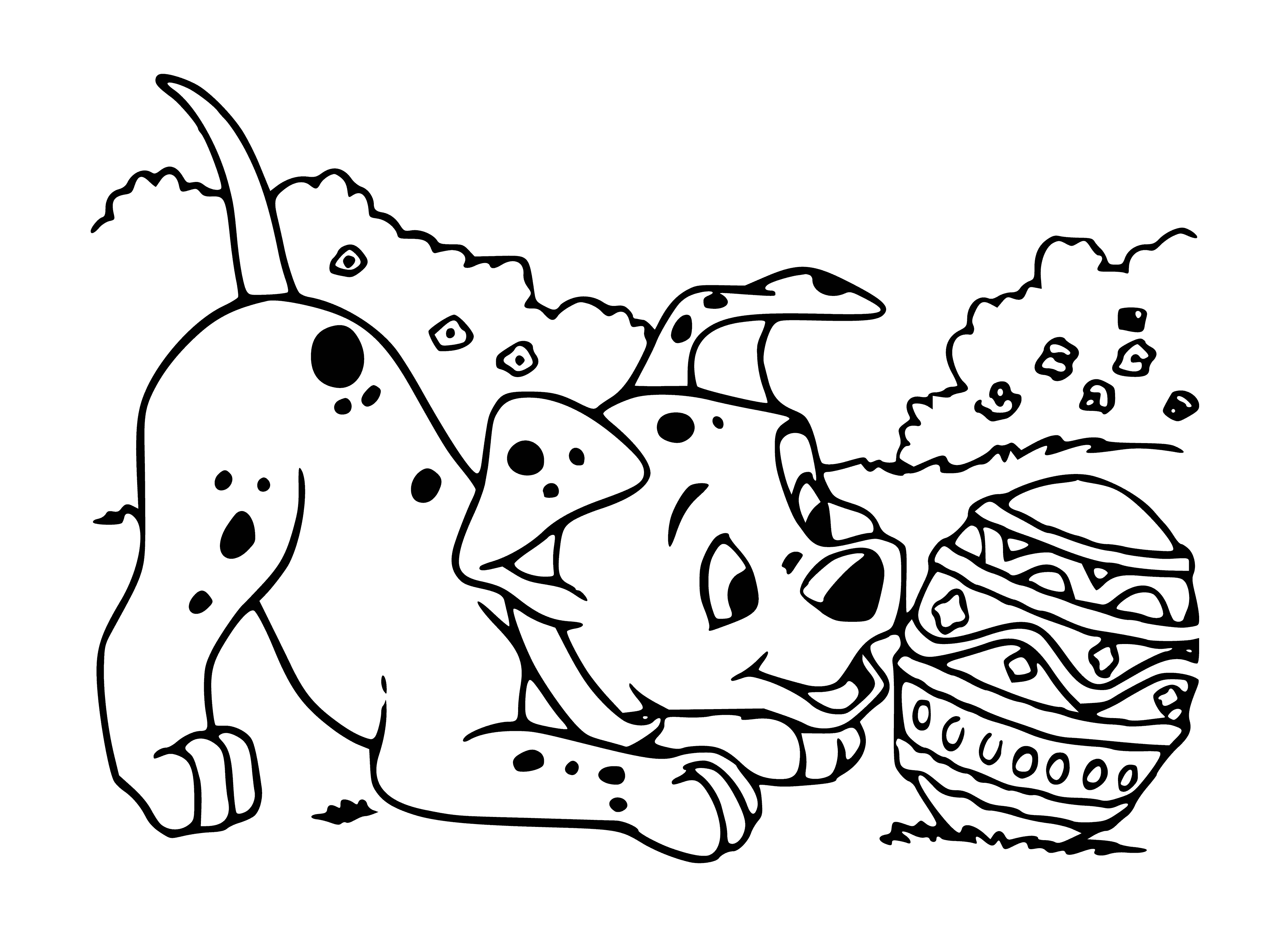 coloring page: A dalmatian in bunny ears holding an egg stands on grass, spotted all over. #easterdog