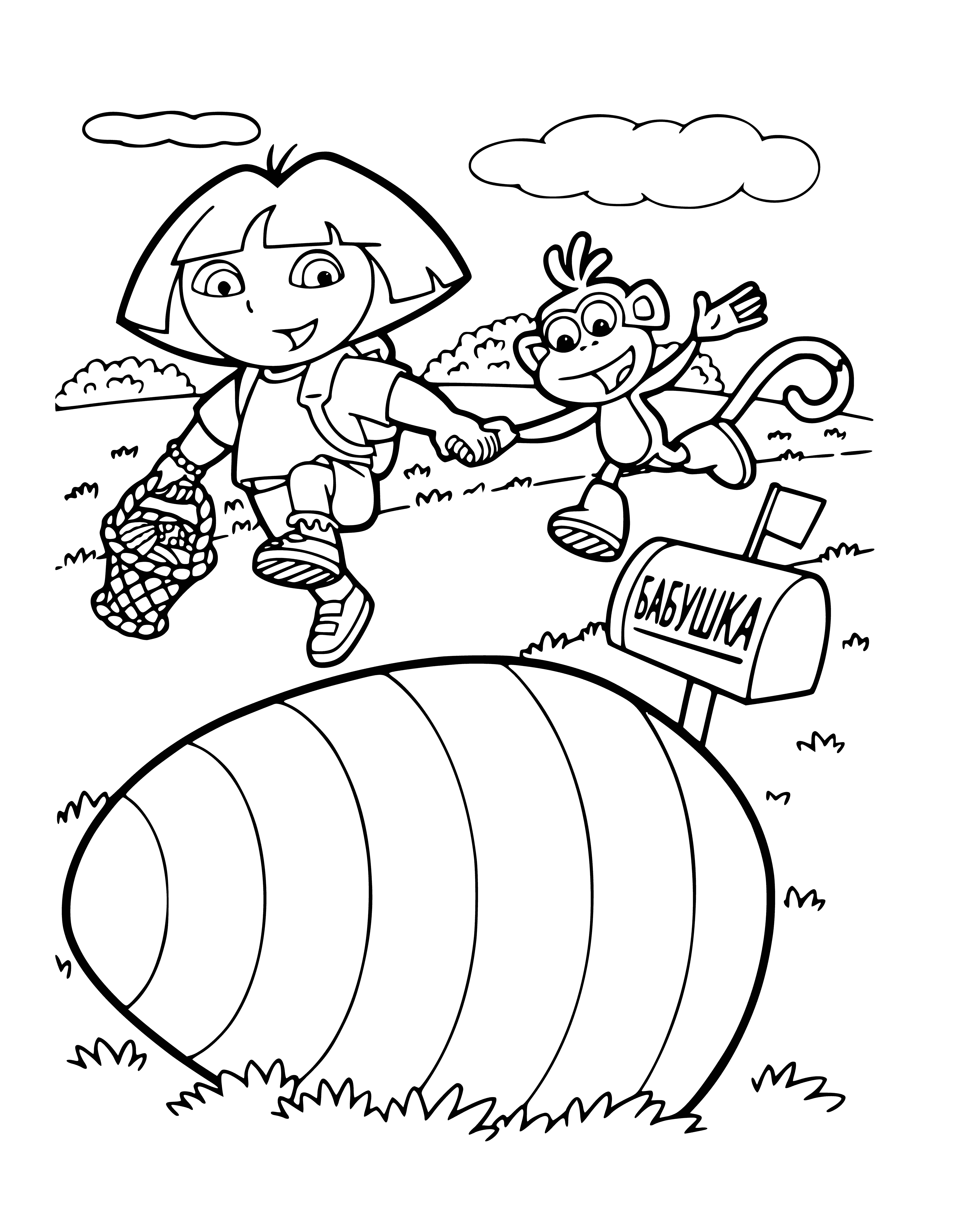 coloring page: Girl with Easter basket in sunny field, presumably Dora, stands surrounded by trees, grass, and flowers on coloring page. #Easter #ColoringPage