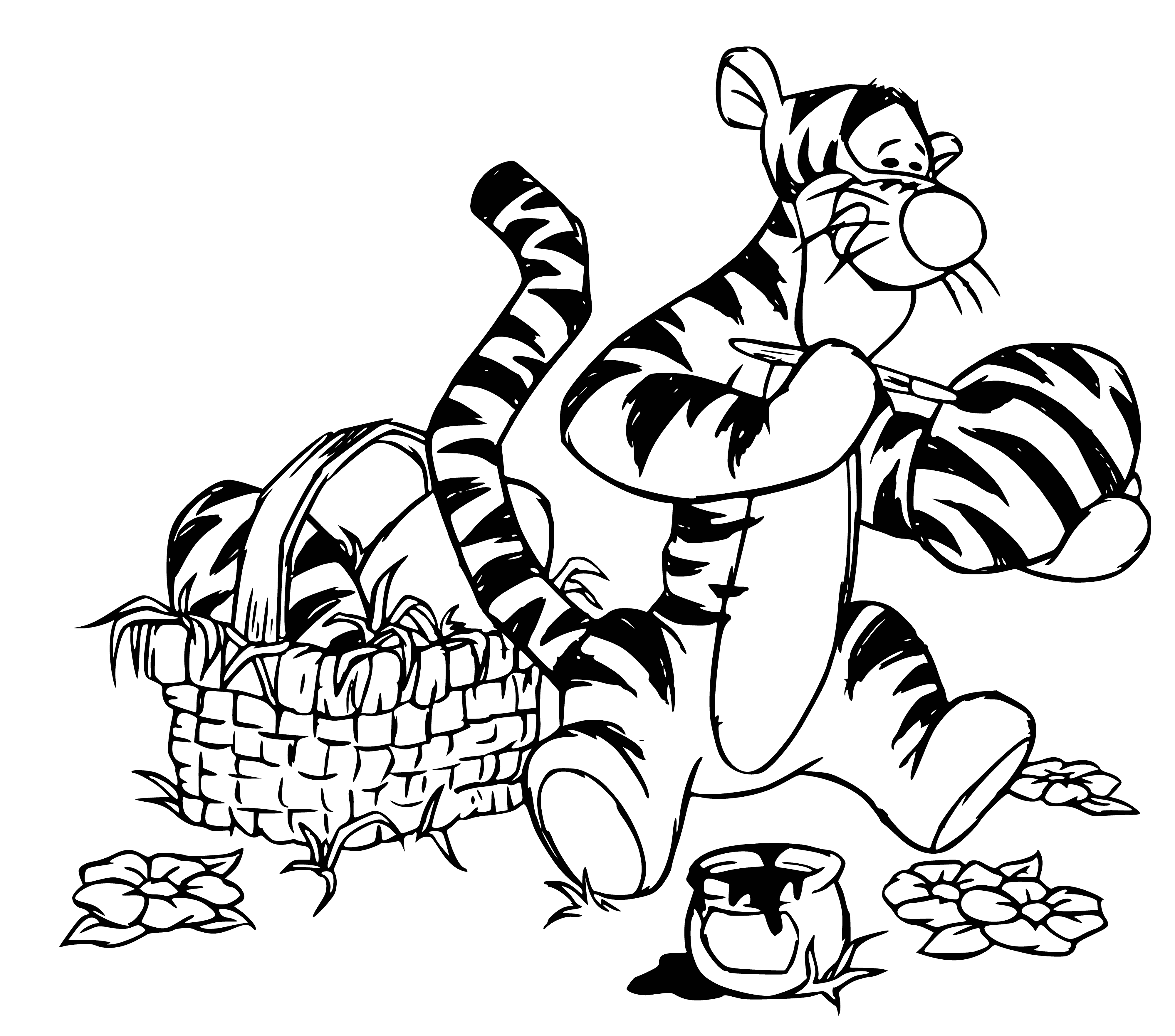 coloring page: Tigger is painting Easter eggs yellow and purple with a paintbrush and smock. #EasterFun