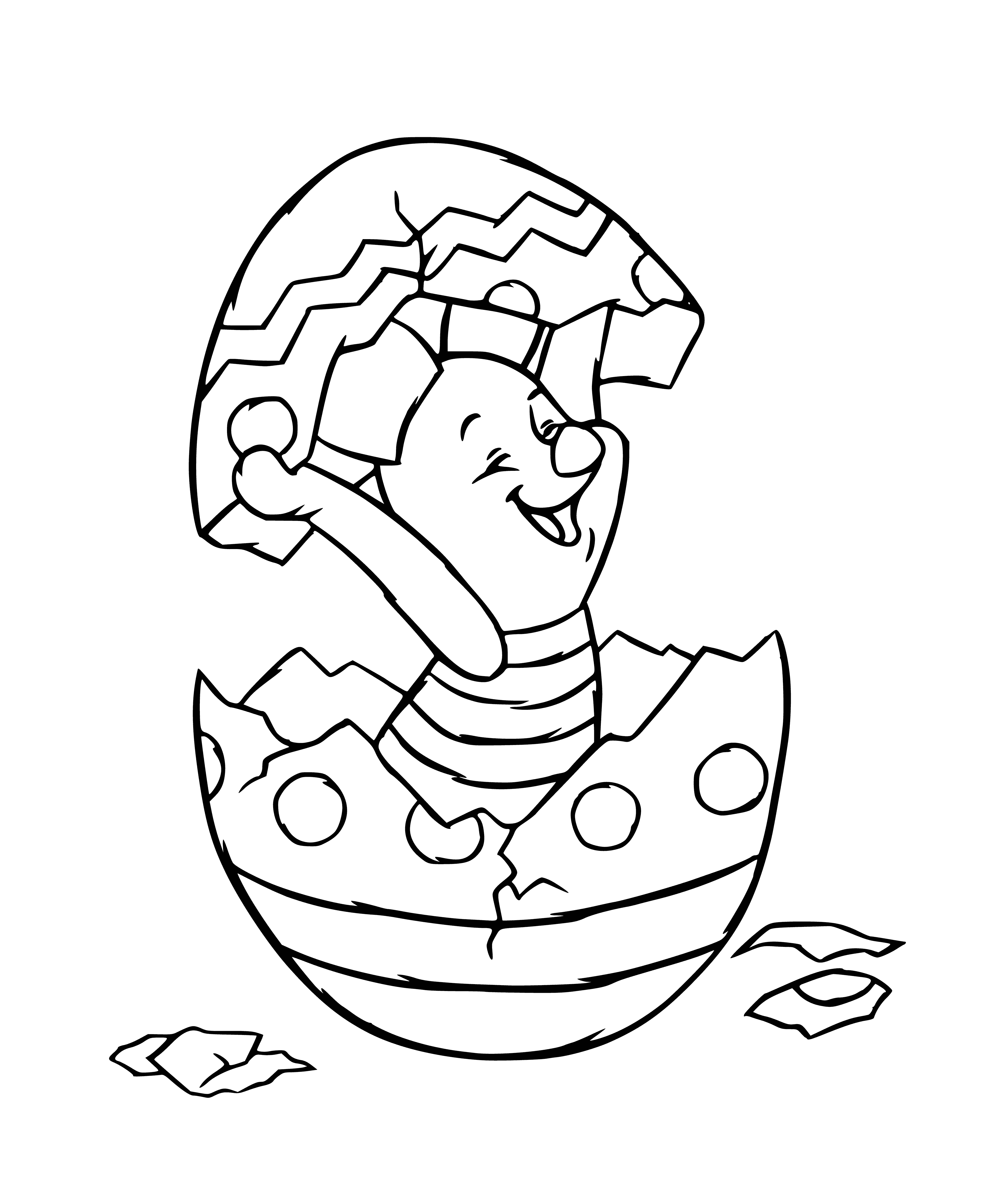 coloring page: Small pink pig stands in a green field, holding an Easter basket in its mouth, puffed-out cheeks, happy face.