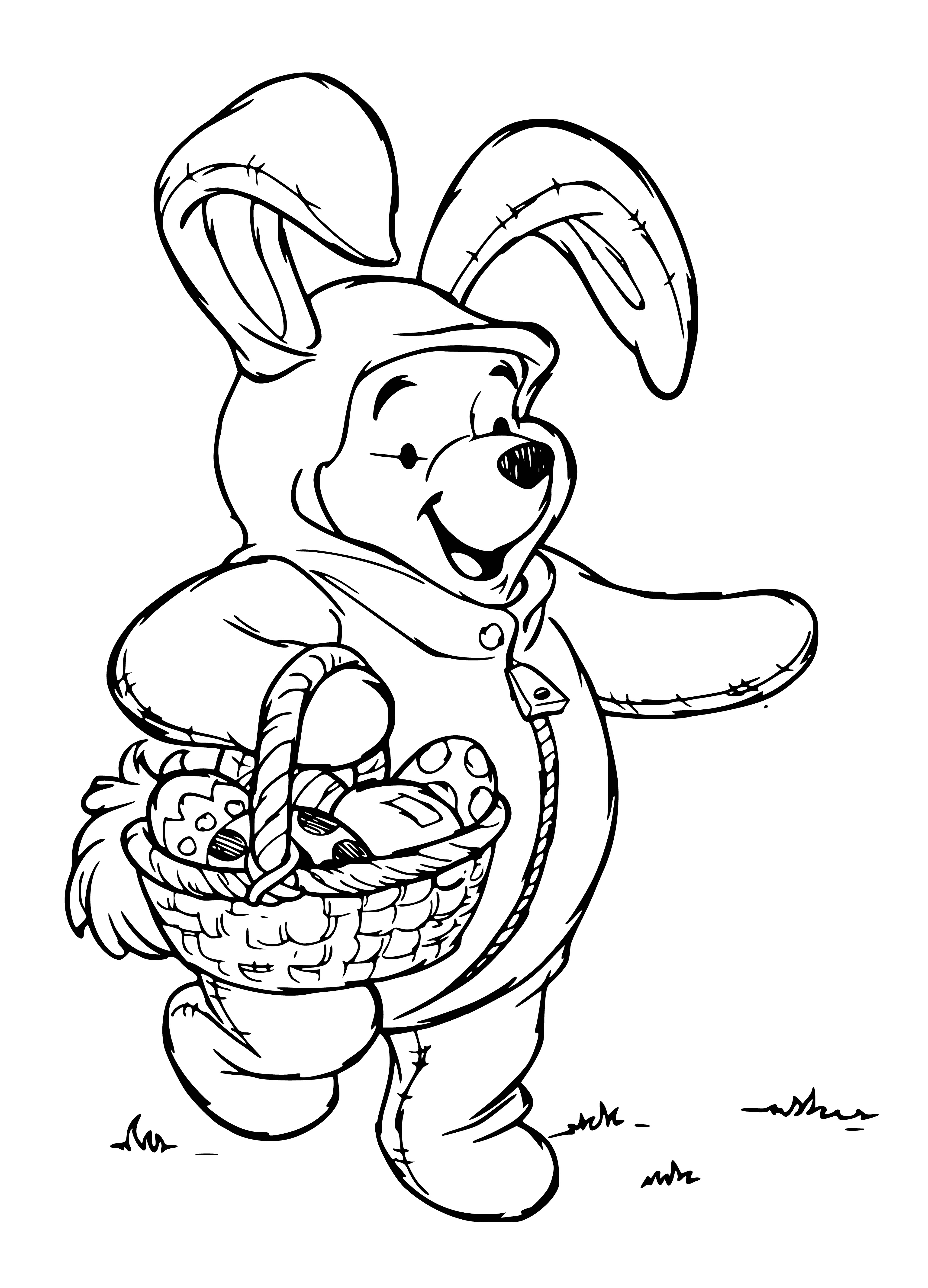 coloring page: In the left corner, a bear stands & holds an Easter egg; right corner, a rabbit holds a basket of eggs.