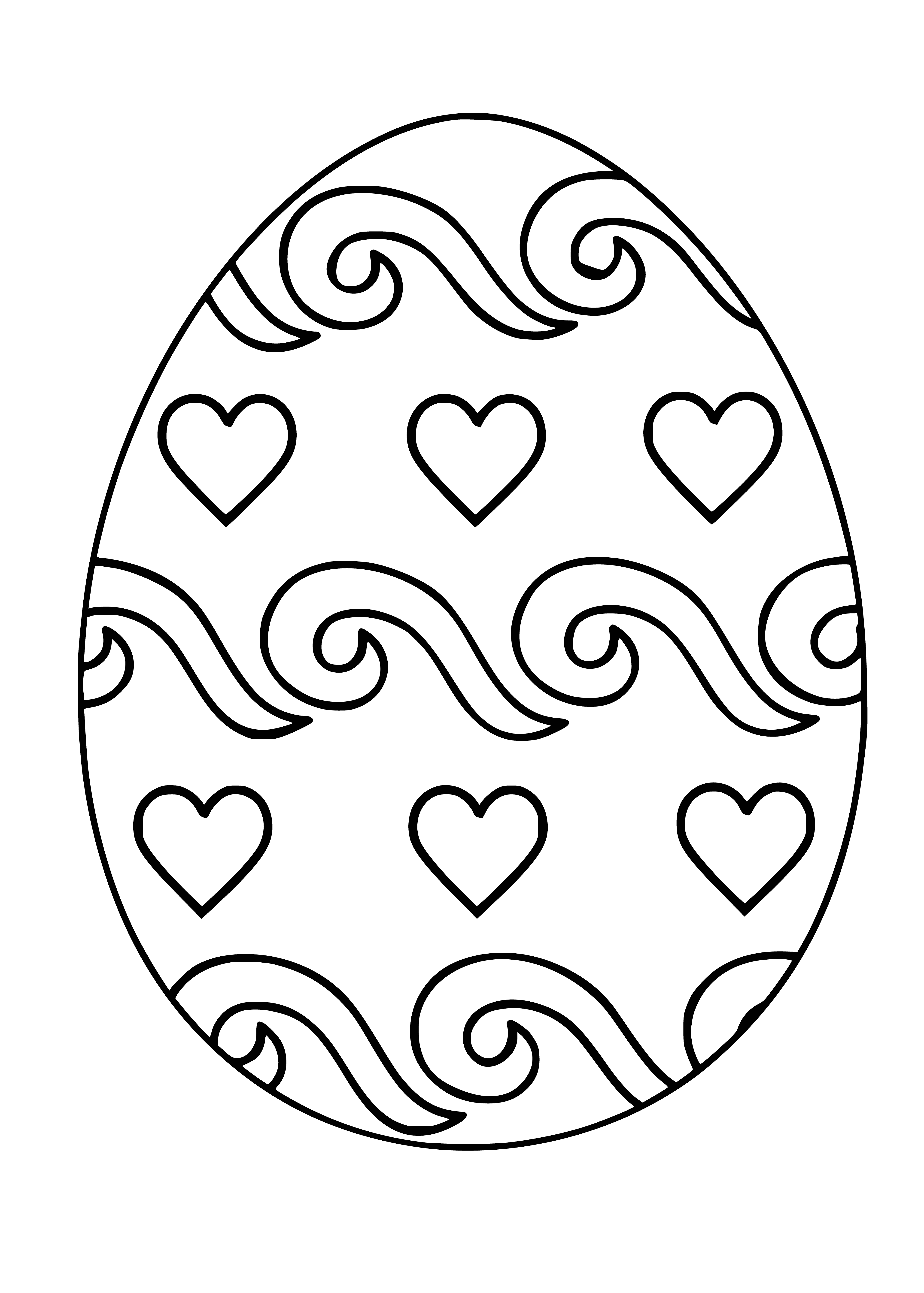 coloring page: 3 Easter eggs, yellow w/ stripes, green w/ dots, pink w/ flowers. Different designs decorated on each.