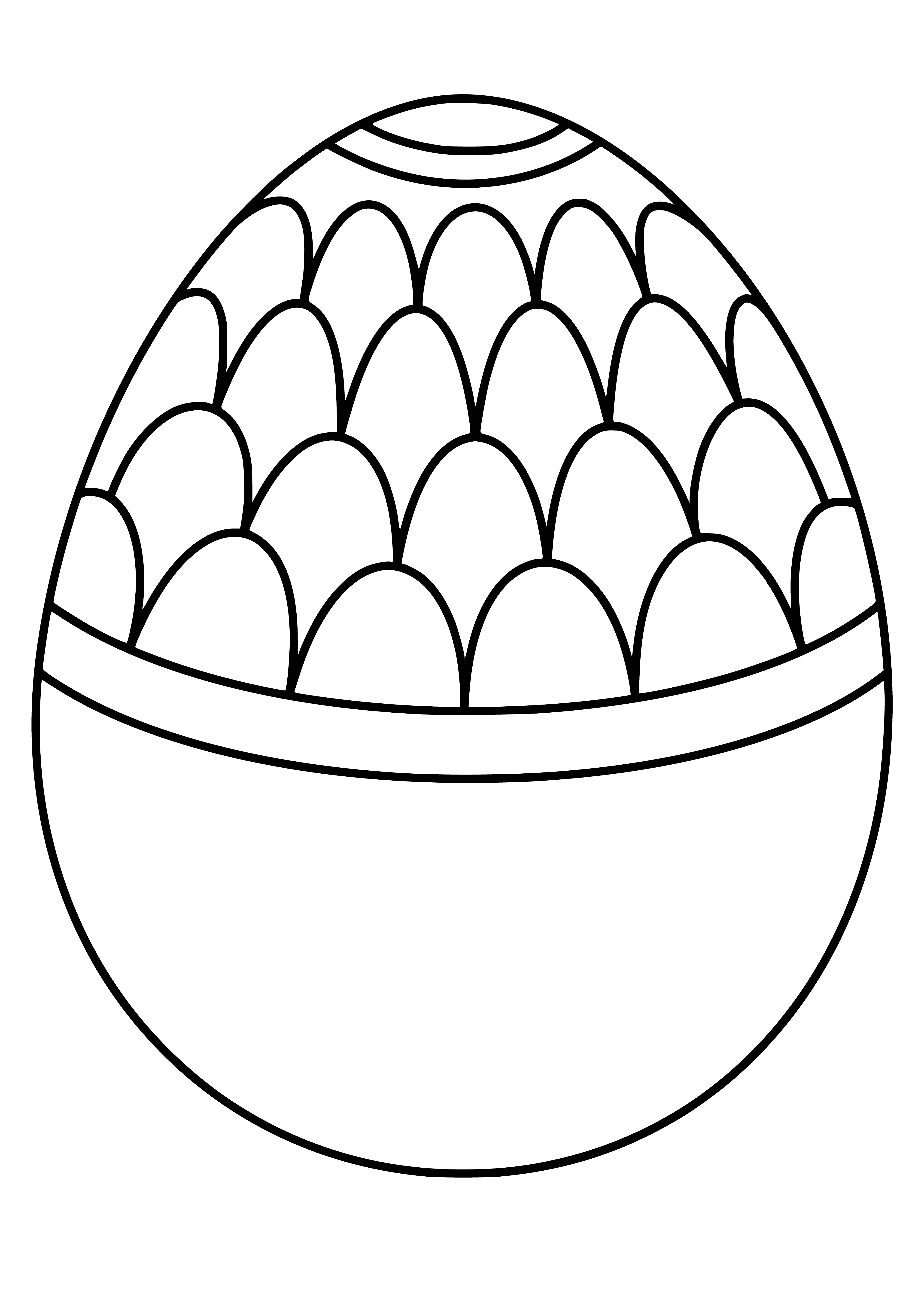 coloring page: Giant chocolate egg on nest, surrounded by four smaller eggs - 3 blue, 1 pink, all have white trim.