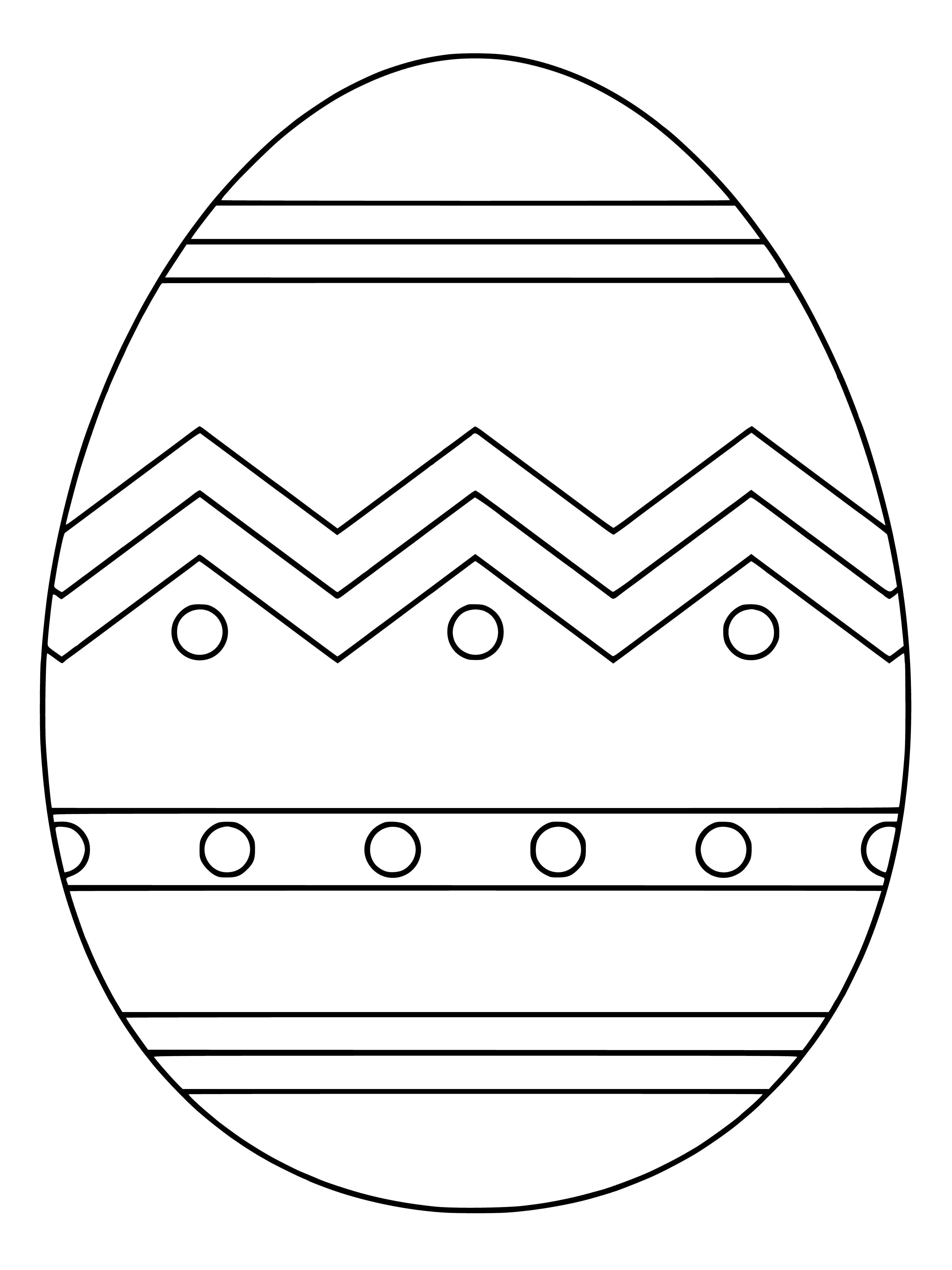 coloring page: Colorful Easter eggs spotted in a grassy field with trees in the background. Stripes & patterns adorn many of the eggs.