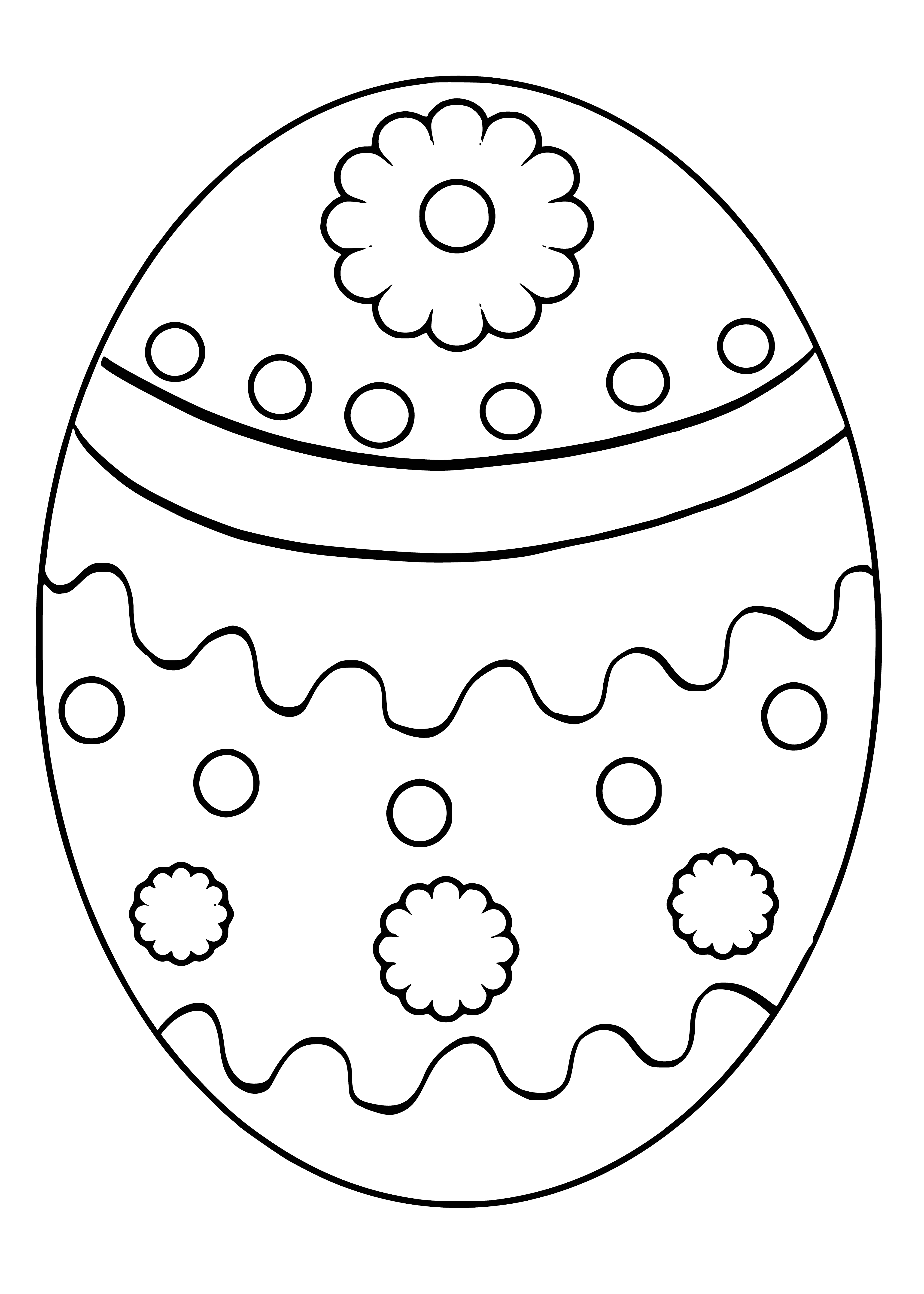 coloring page: Easter egg has a chick on one side, bunny with blue bow tie and basket of eggs on other side. #Easter #springtime