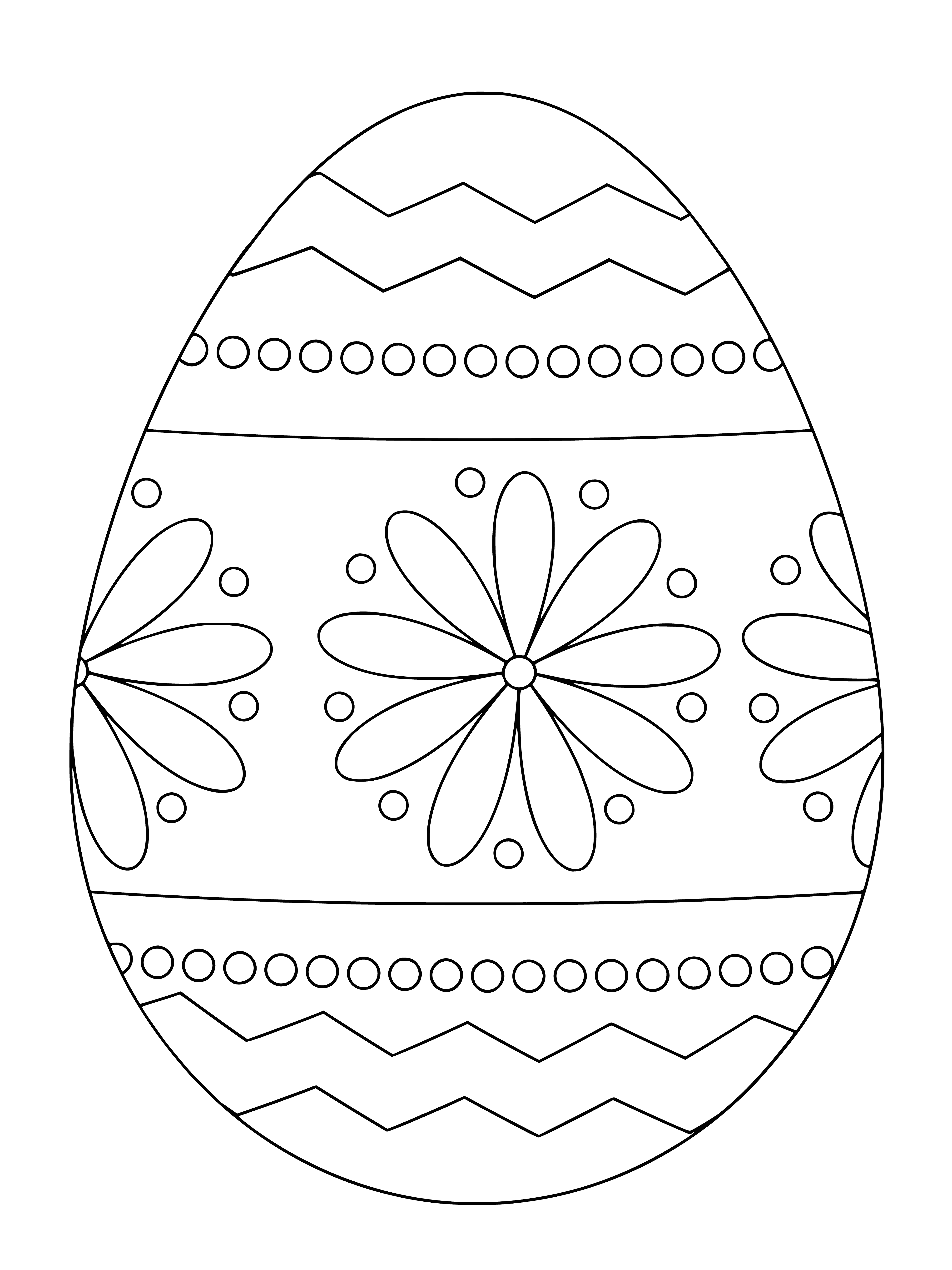 coloring page: 2 pink Easter eggs in nest - 1 has blue spots, other has yellow. Also a green one! #Easter