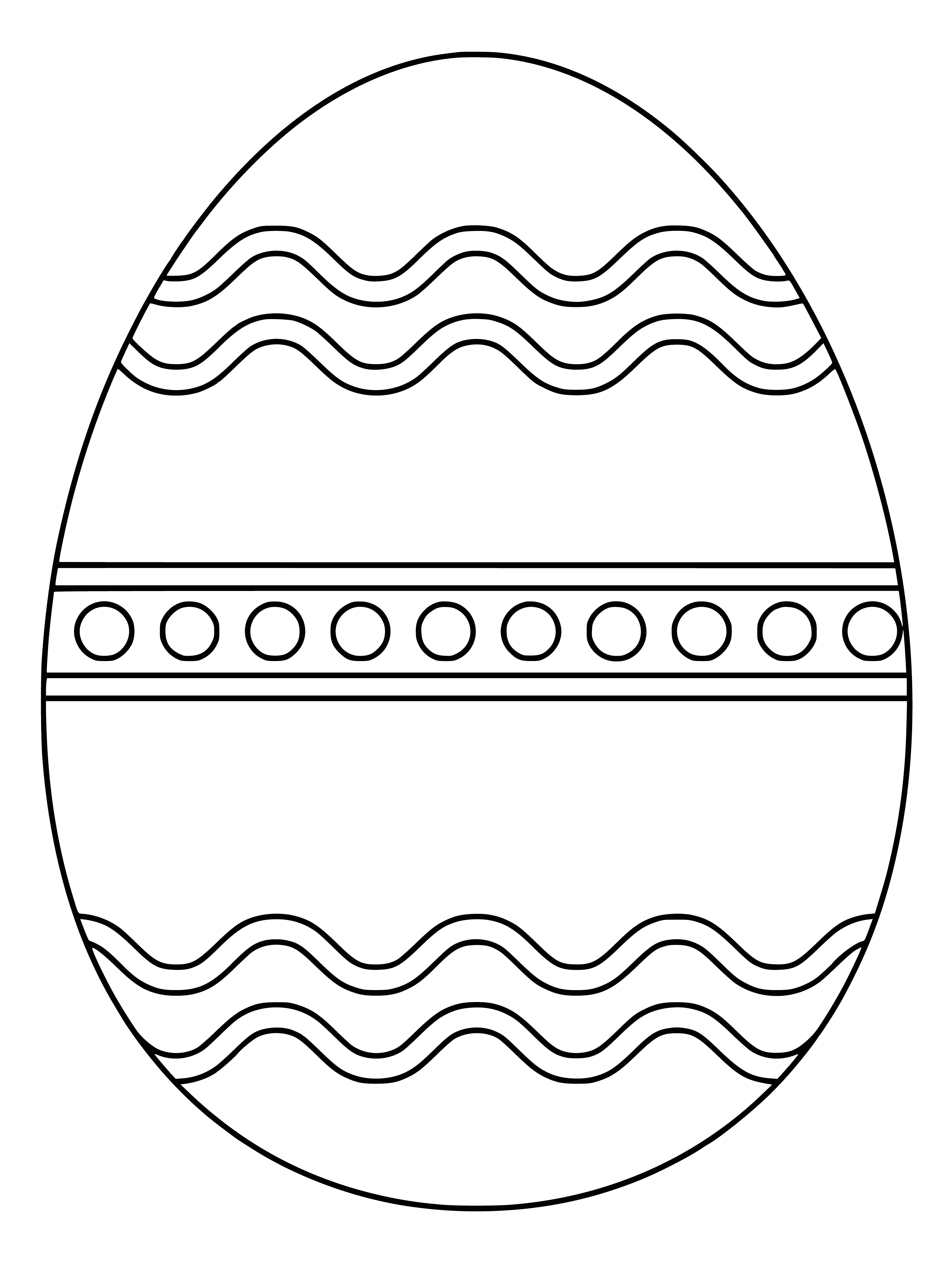 coloring page: On the Easter Egg: Bunny rabbit with a blue bowtie, yellow basket full of Easter eggs, two chicks - one peeking, one sitting.