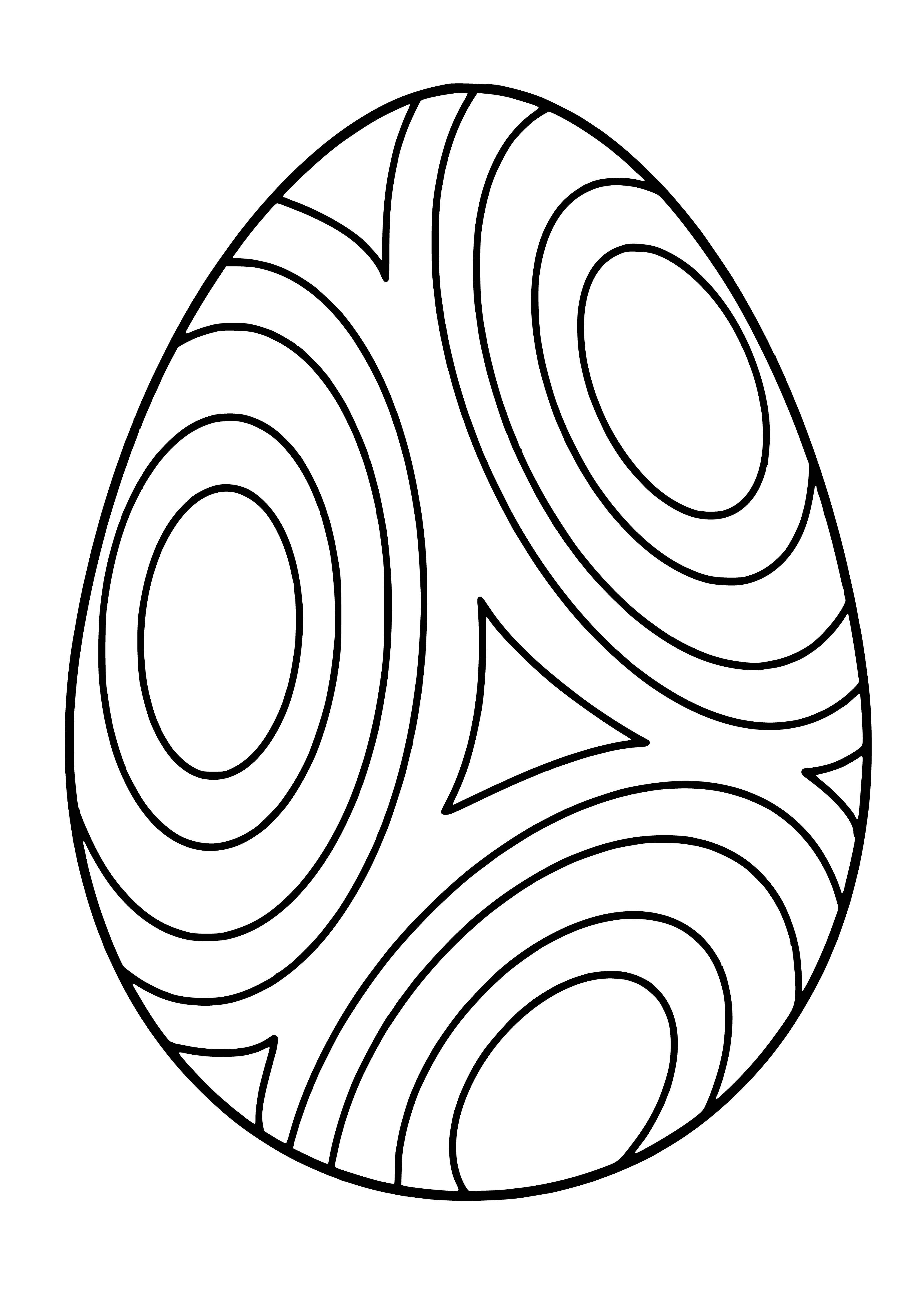 coloring page: A chocolate Easter egg with pink and purple foil lies on a white plate, decorated with a purple ribbon and a child's hand print.