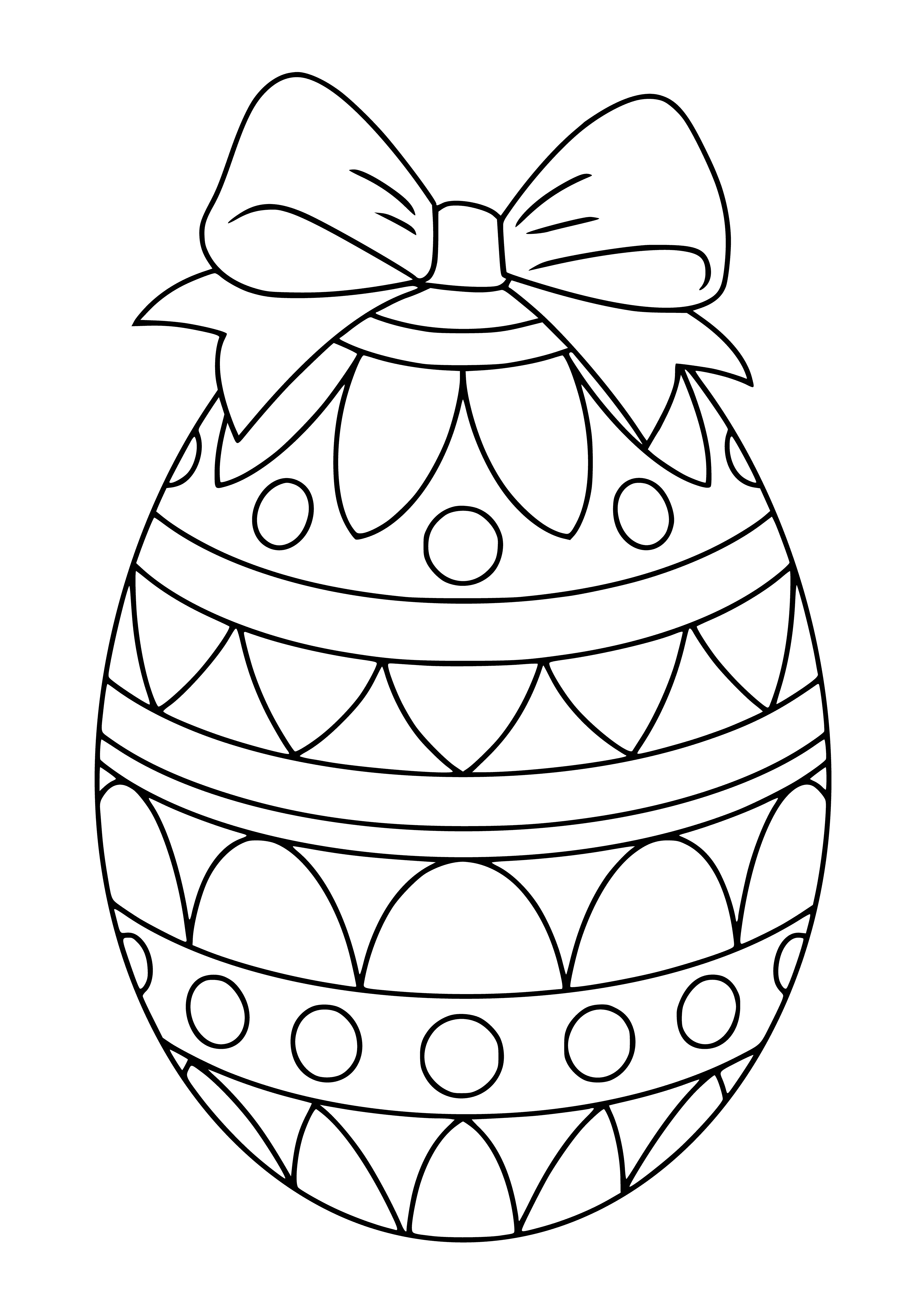 coloring page: A large bright yellow Easter egg, topped with a green and pink polka dot bow. #EasterEggs