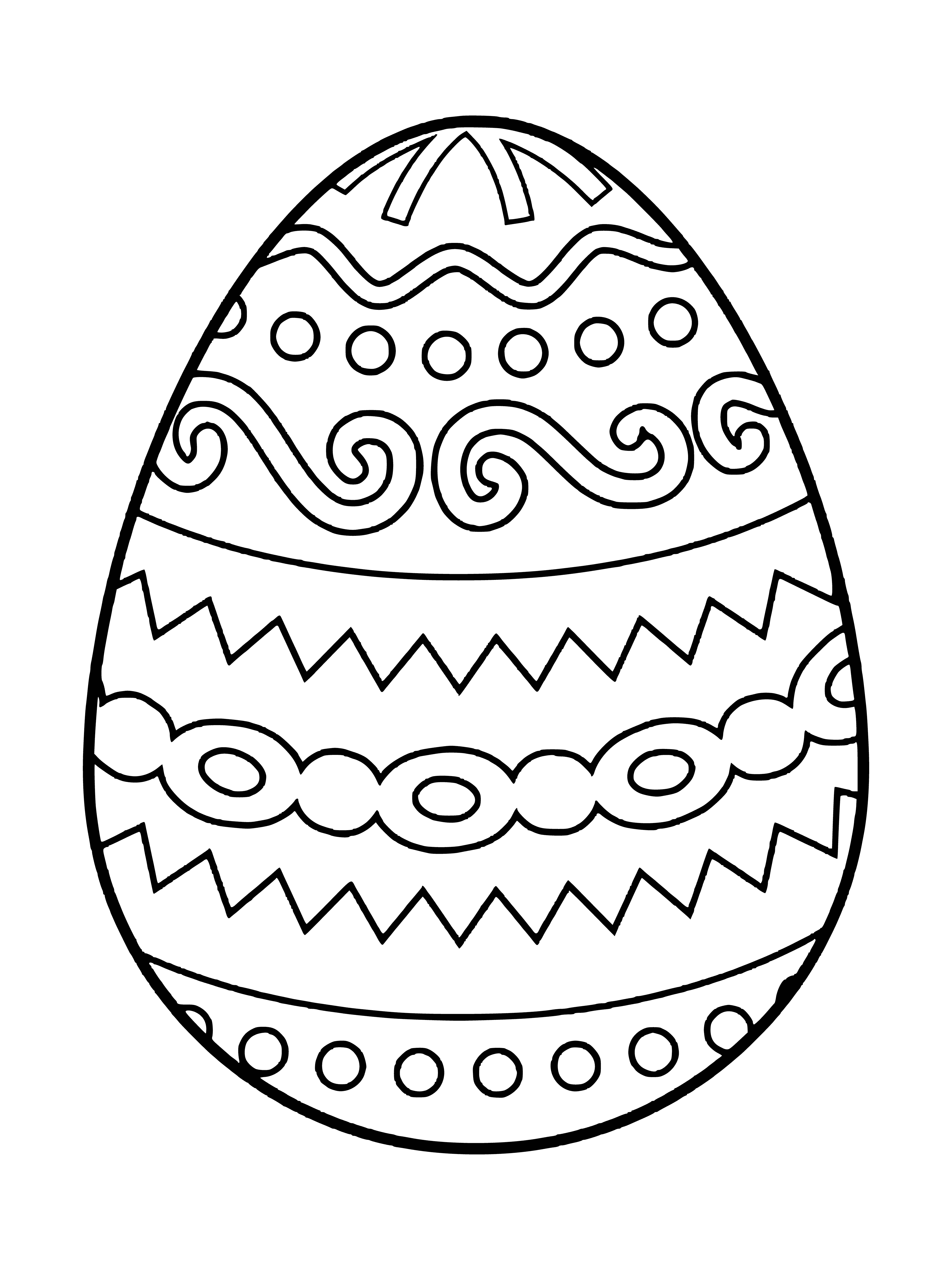 coloring page: Number Four - 
The fourth Easter egg has a purple background and is decorated with rainbow stripes. In the center is a yellow chick.

1st Egg:#White/#Blue polka dots; 2nd Egg:#Green/#Yellow-White stripes; 3rd Egg:#Pink /White flower; 4th Egg:#Purple/Rainbow stripes; All w/ a yellow chick in the center.