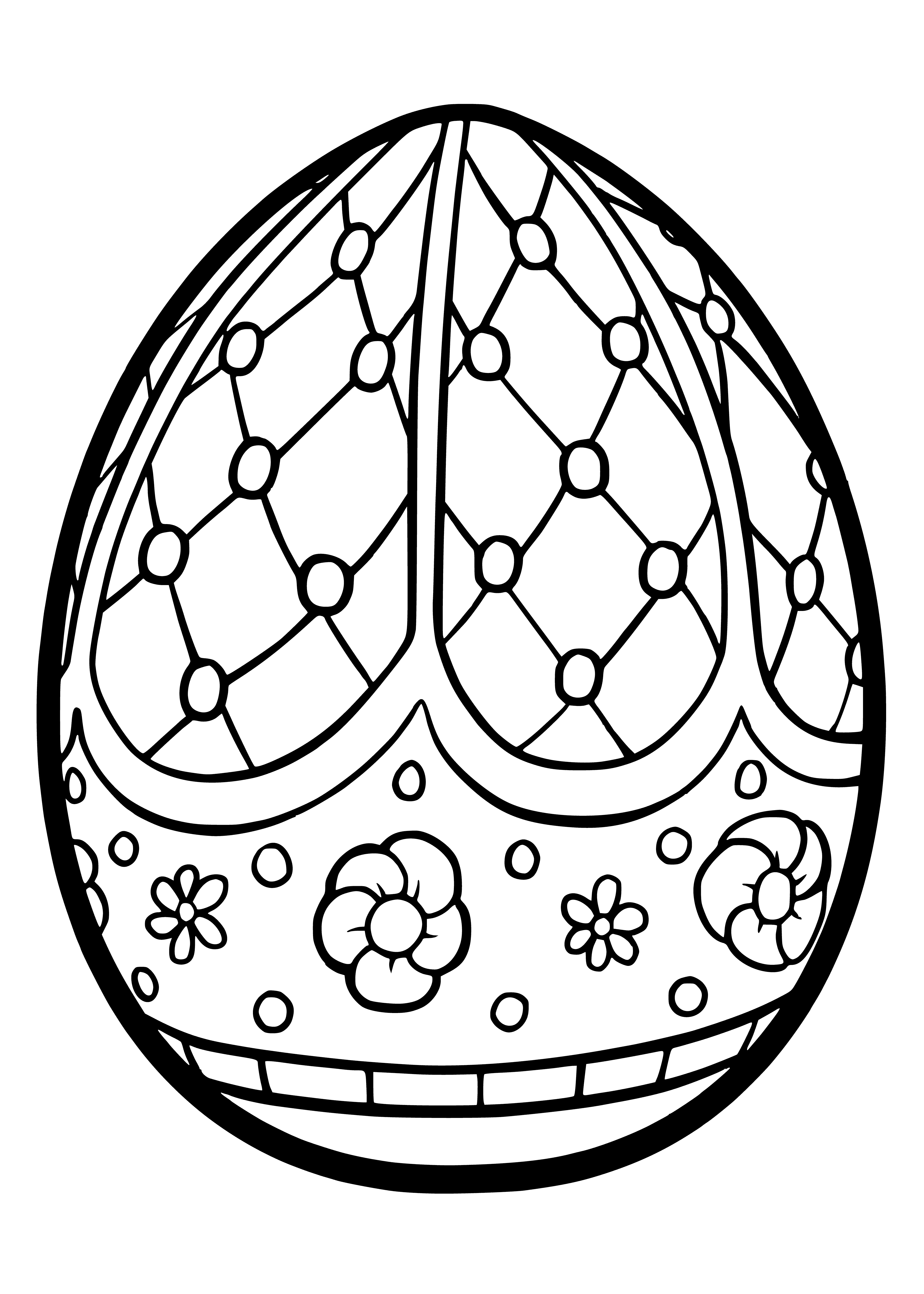 coloring page: 3 Easter eggs: brown (largest), white (middle), yellow (smallest), all w/ unique designs.