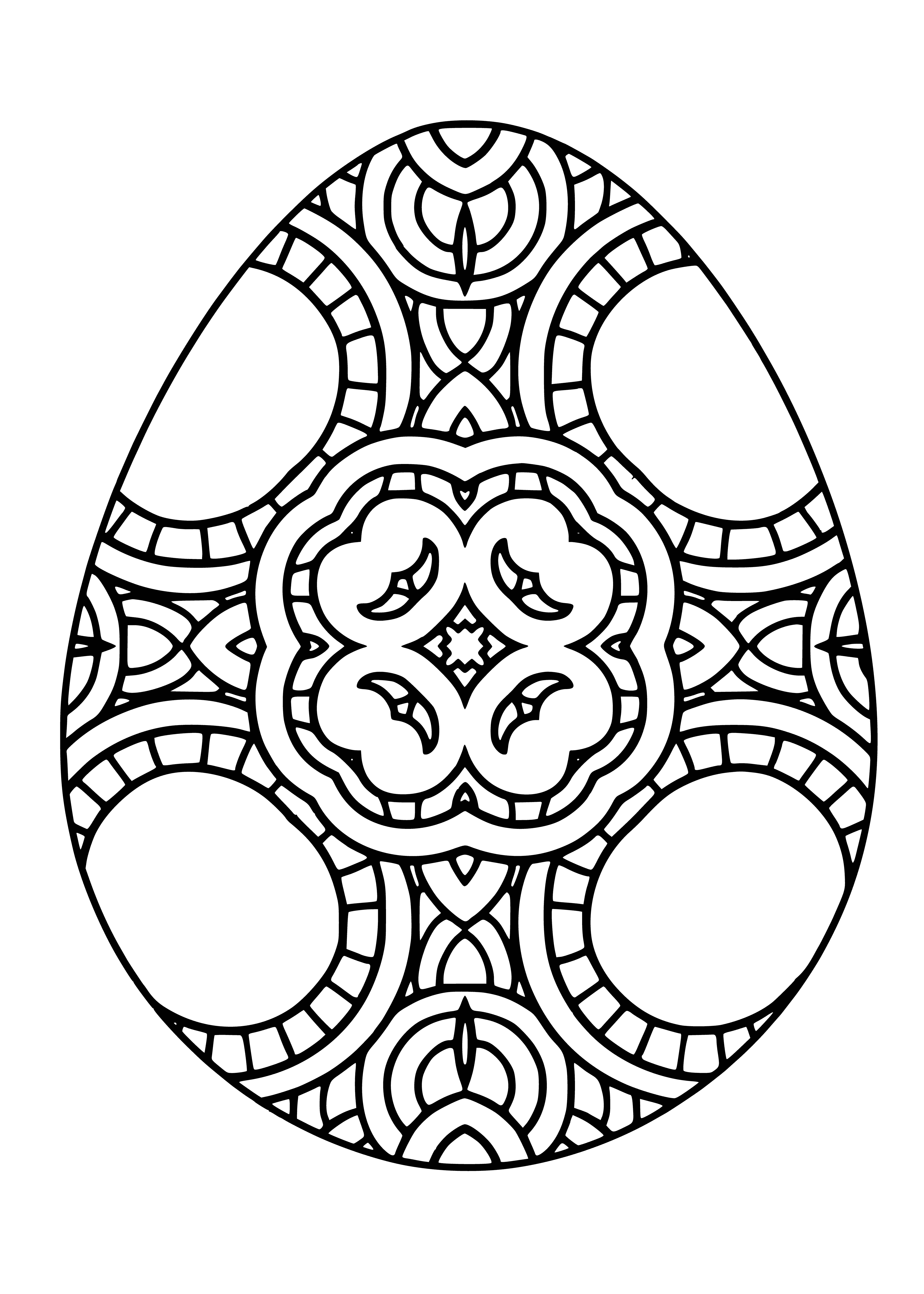 coloring page: 4 Easter eggs (2 blue, 1 yellow w/orange stripes, 1 pink w/green stripes) all have a white 'X'. #easter #coloring